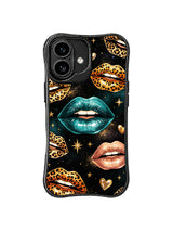 PhoneCasing iPhone 16 case featuring teal power lip pattern with leopard kisses, gold stars, and a controlled glam style for iPhone 16 cases.