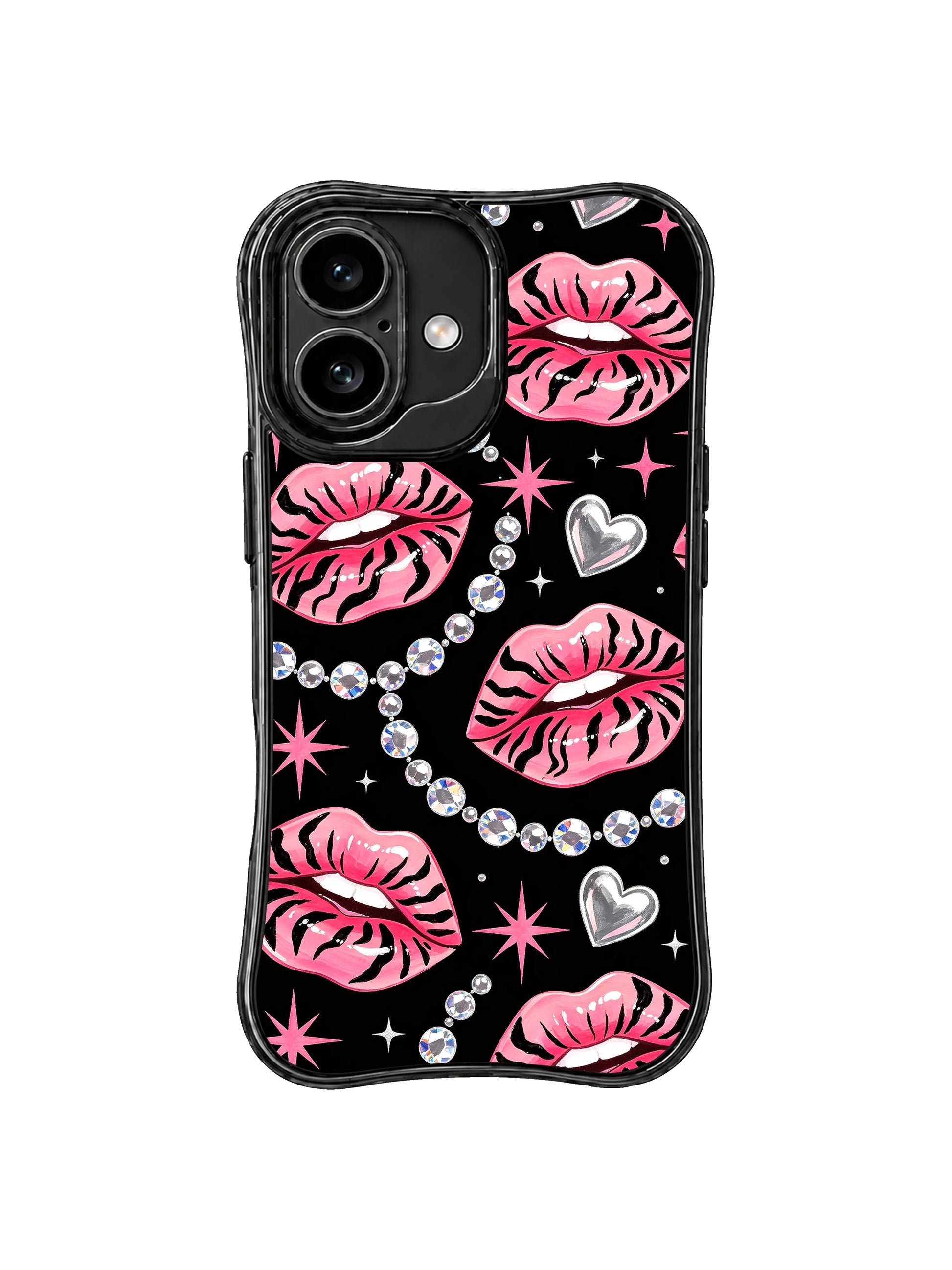 PhoneCasing iPhone 16 case with tiger kiss silver heart artwork, glossy pink lips, and black glam detail for iPhone 16 Pro Max case shoppers.