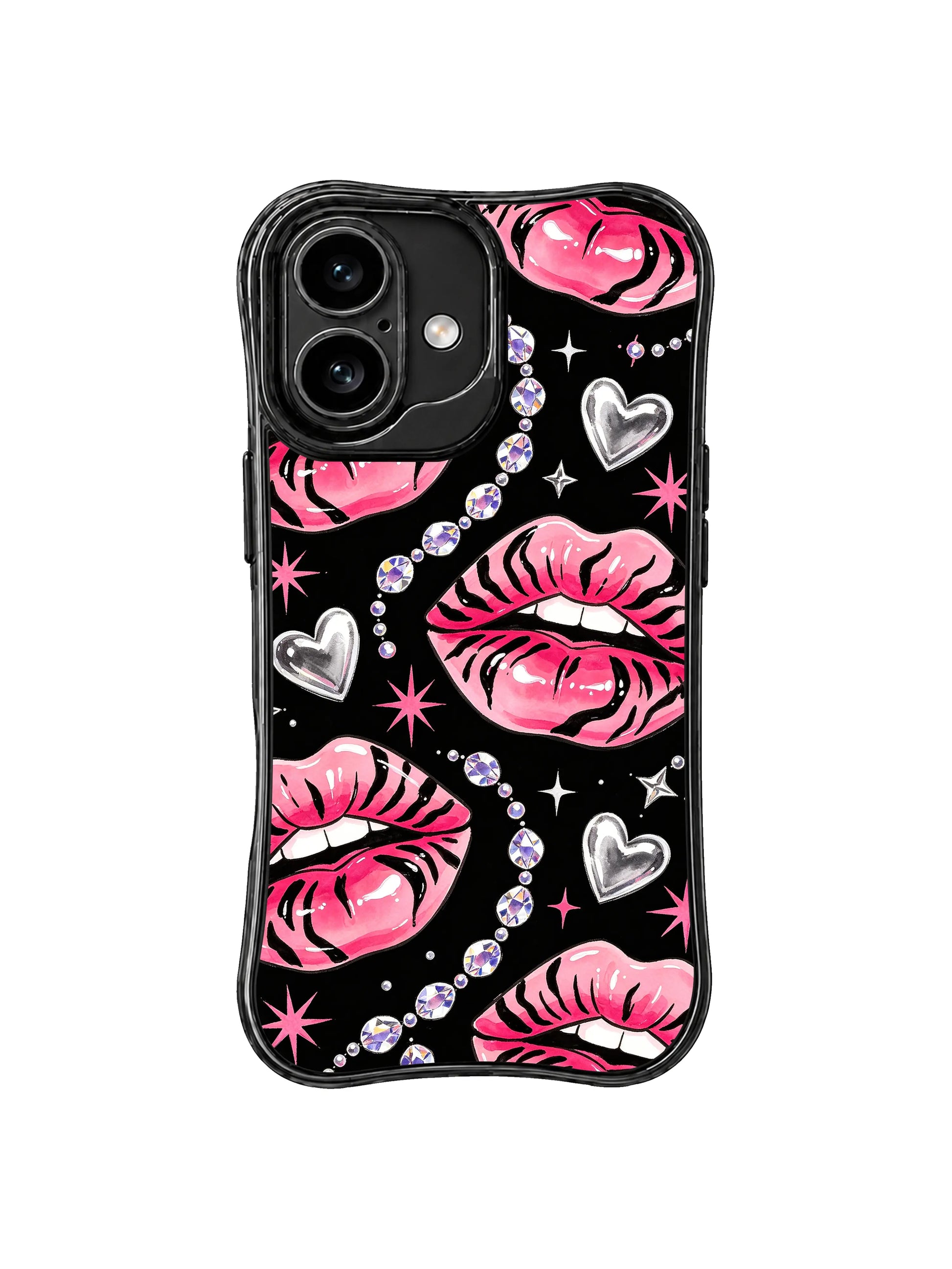 PhoneCasing iPhone 16 case featuring tiger stripe lip glam artwork with crystal beads and black negative space for iPhone 16 Pro Max case shoppers.