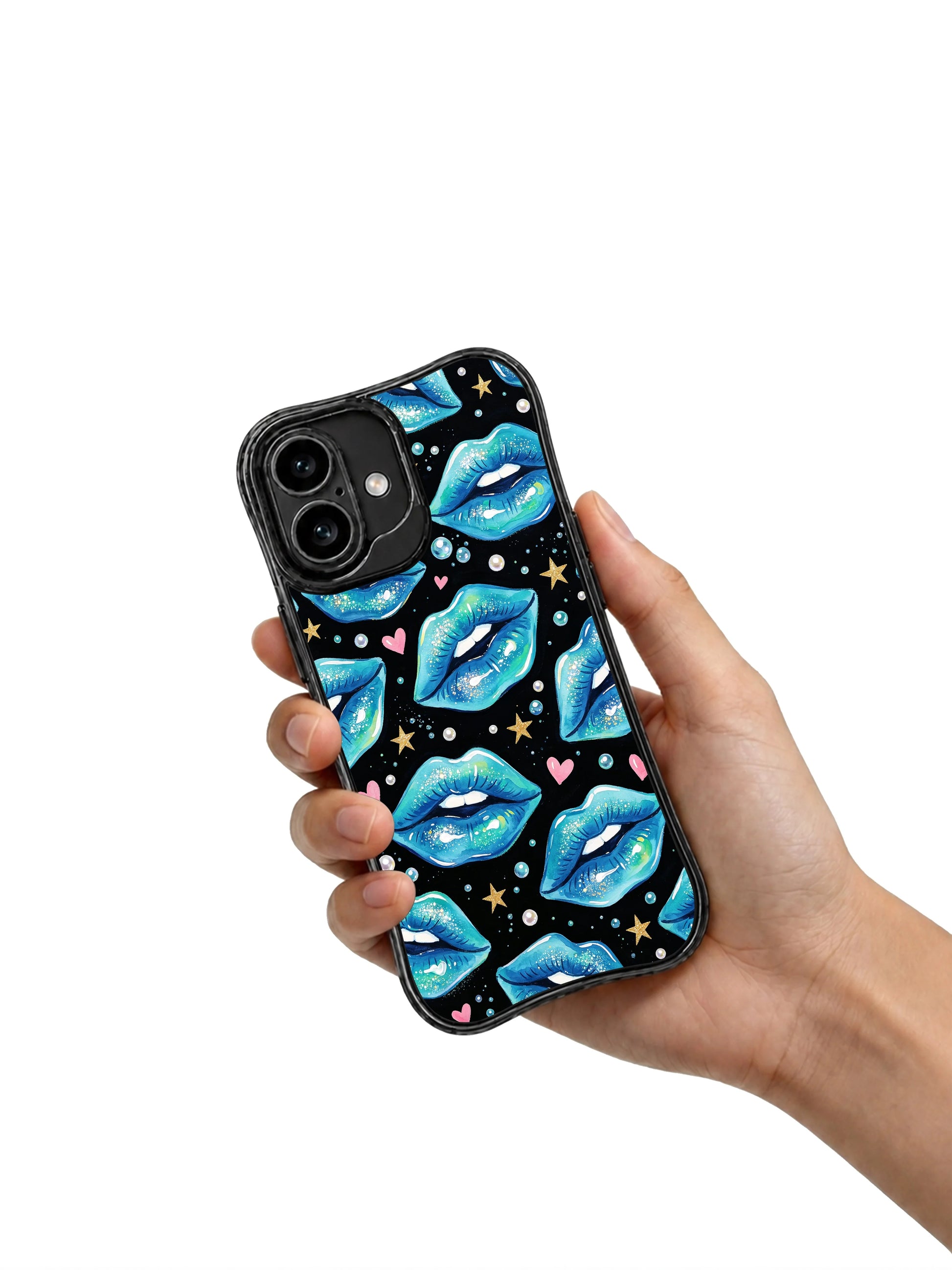 PhoneCasing iPhone 16 case with turquoise lip art, gold stars, pink hearts, and a refined iphone 16 cover mood.