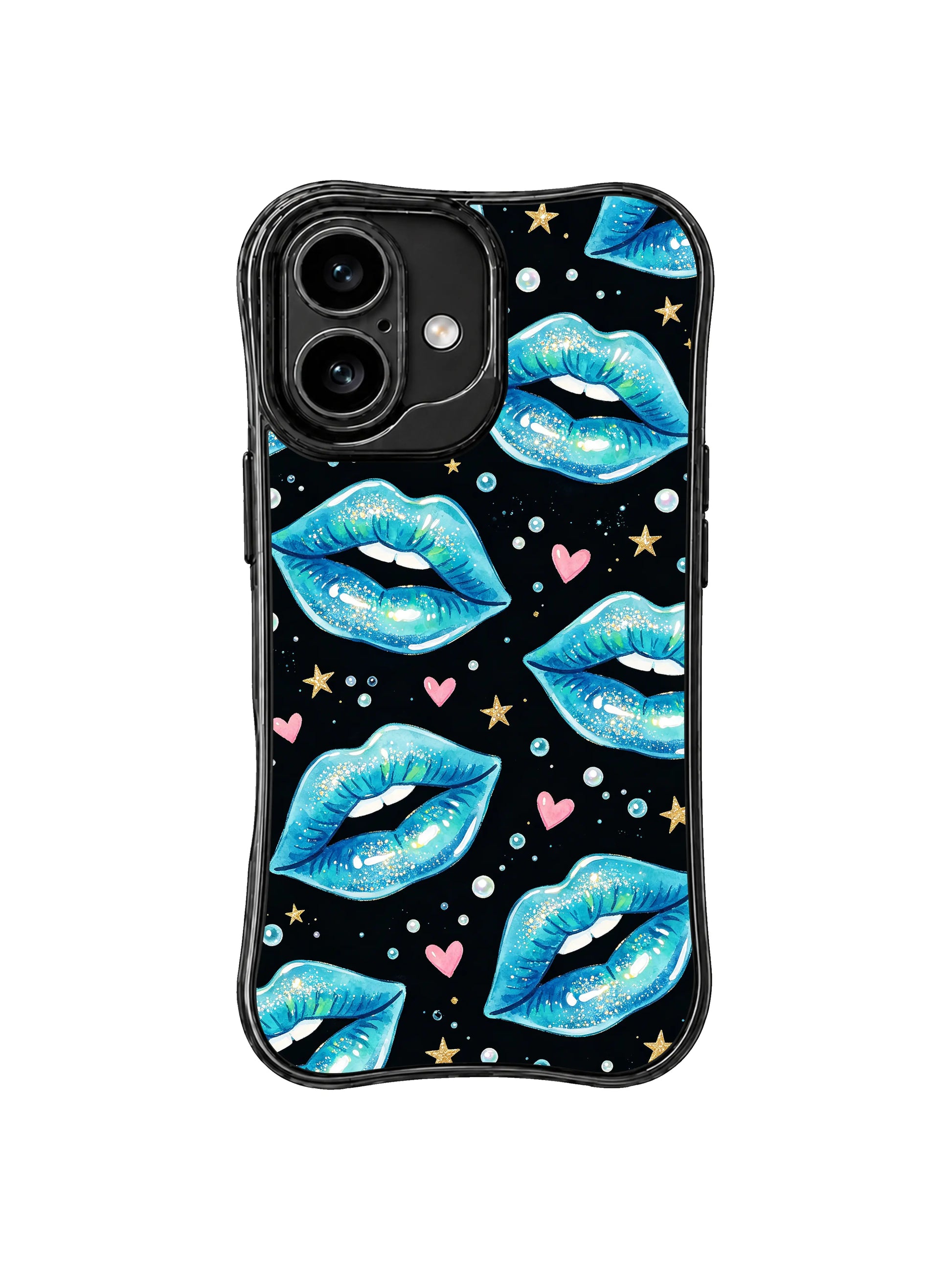 PhoneCasing iPhone 16 case featuring turquoise night cover artwork with blue lips, pearl accents, and playful pink heart details.