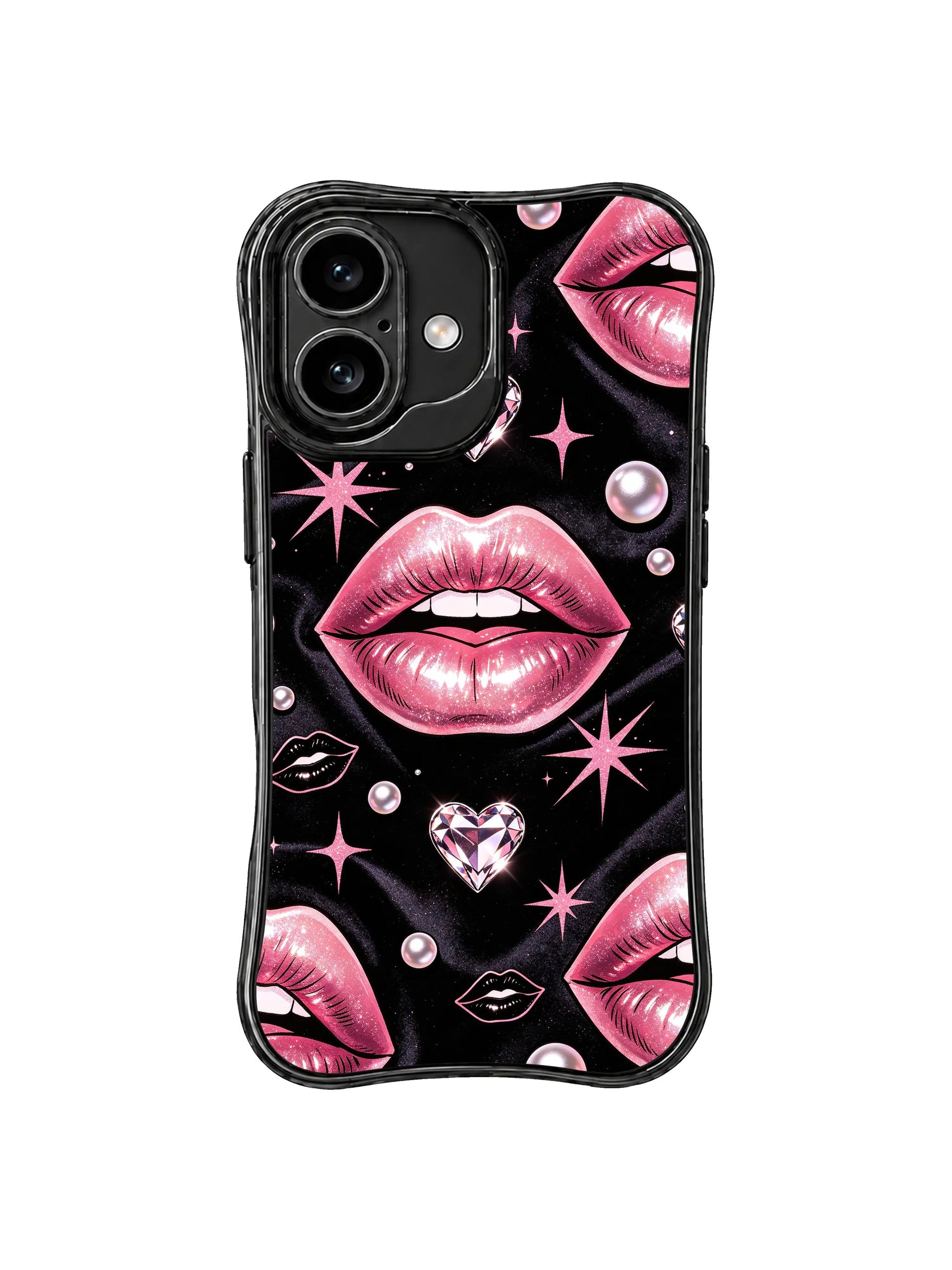 PhoneCasing iPhone 16 case with pink heartbursts, metallic lips, and soft sparkle effects on black, an elevated iPhone 16 casing inspired by glam pop artwork.