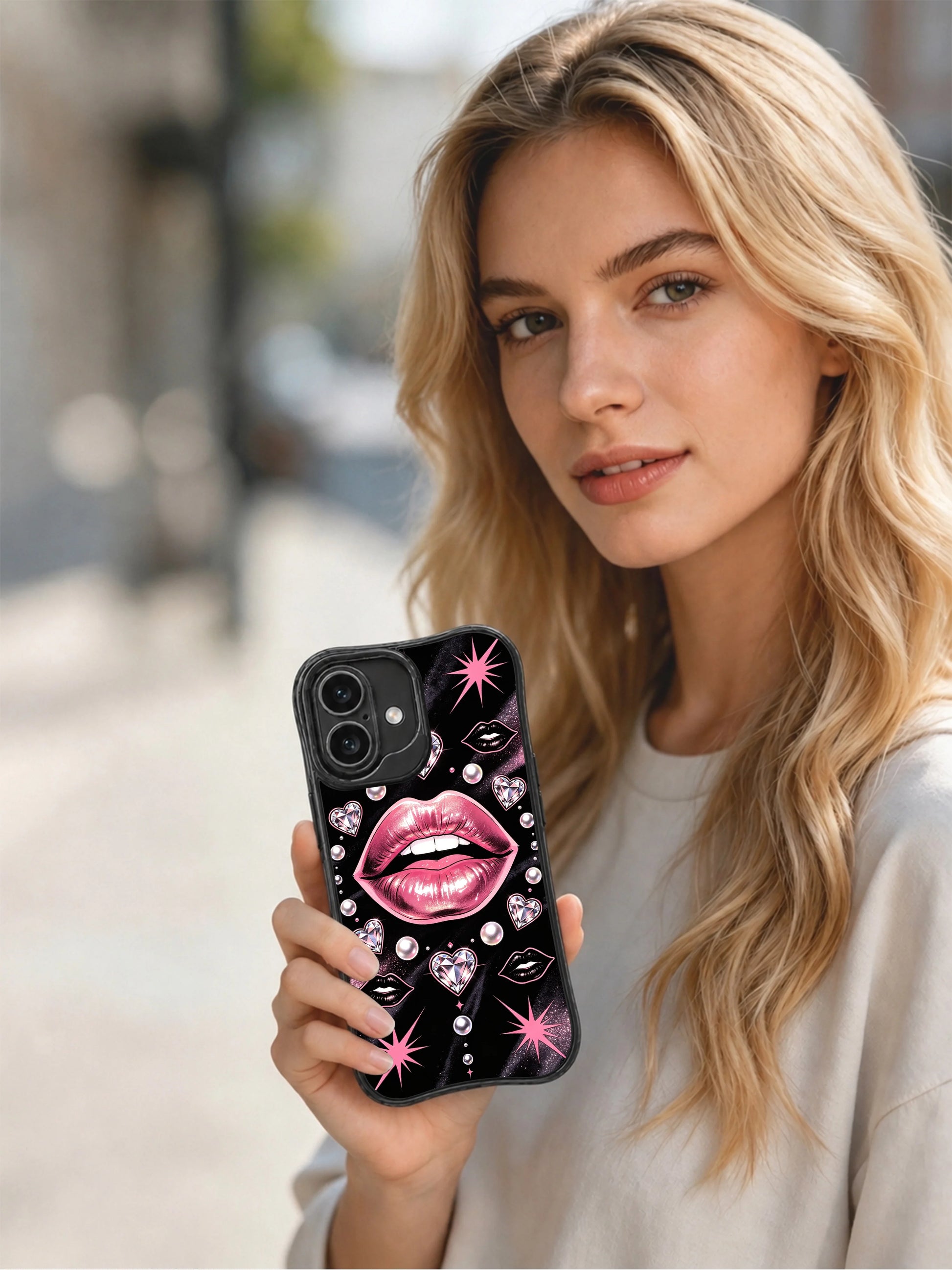 PhoneCasing iPhone 16 case with shimmering pink lips and crystal hearts over a velvet black backdrop, a stylish iPhone 16 cover for customers who love dramatic feminine artwork.