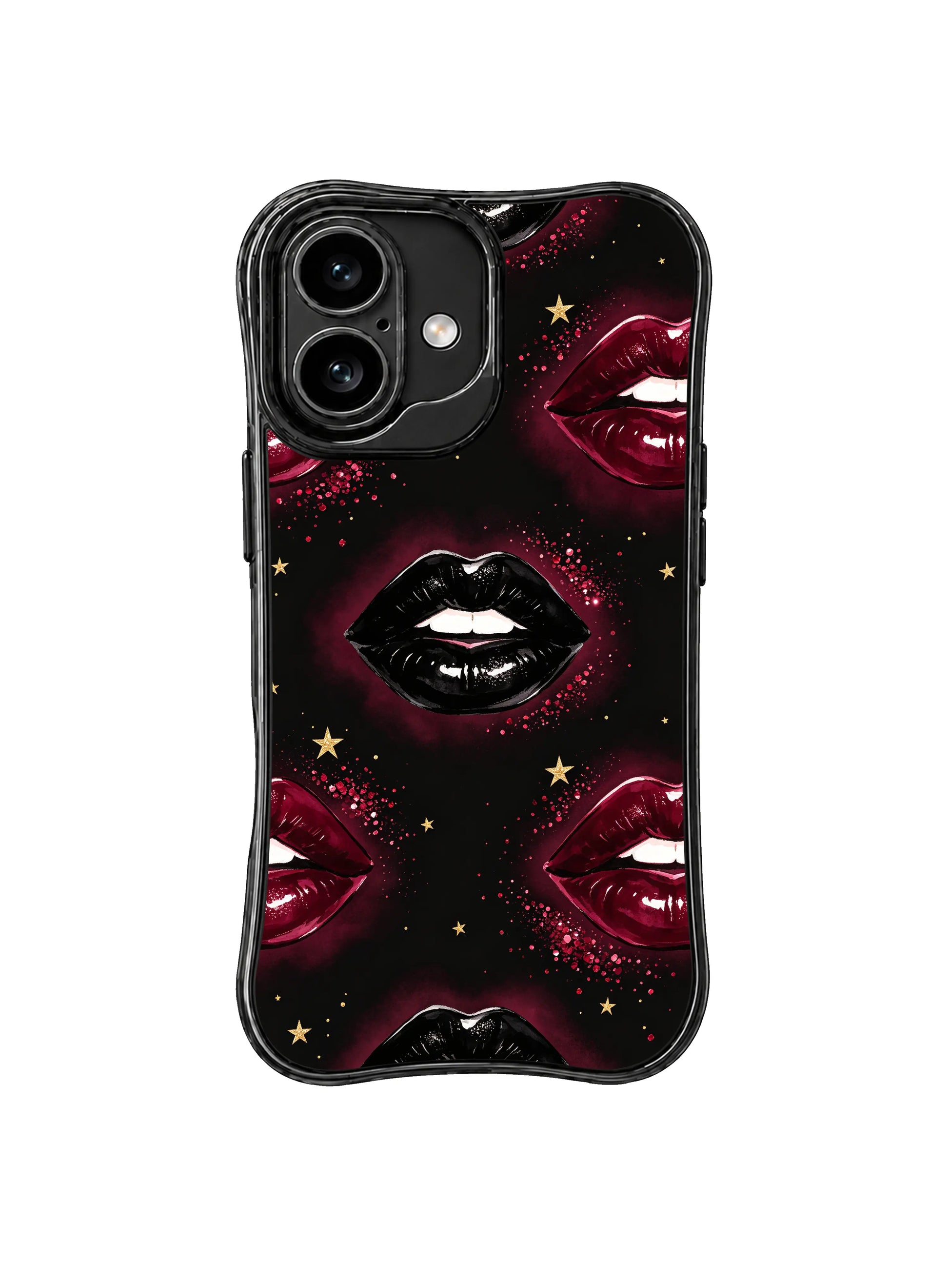PhoneCasing iPhone 16 case with velvet wine kiss artwork, deep burgundy glow, black lips, and refined sparkle for iPhone 16 Pro case searches.