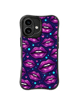 PhoneCasing iPhone 16 case featuring violet lips, heart icons, and blue dot accents, a refined iPhone16 casing for playful glam styling.