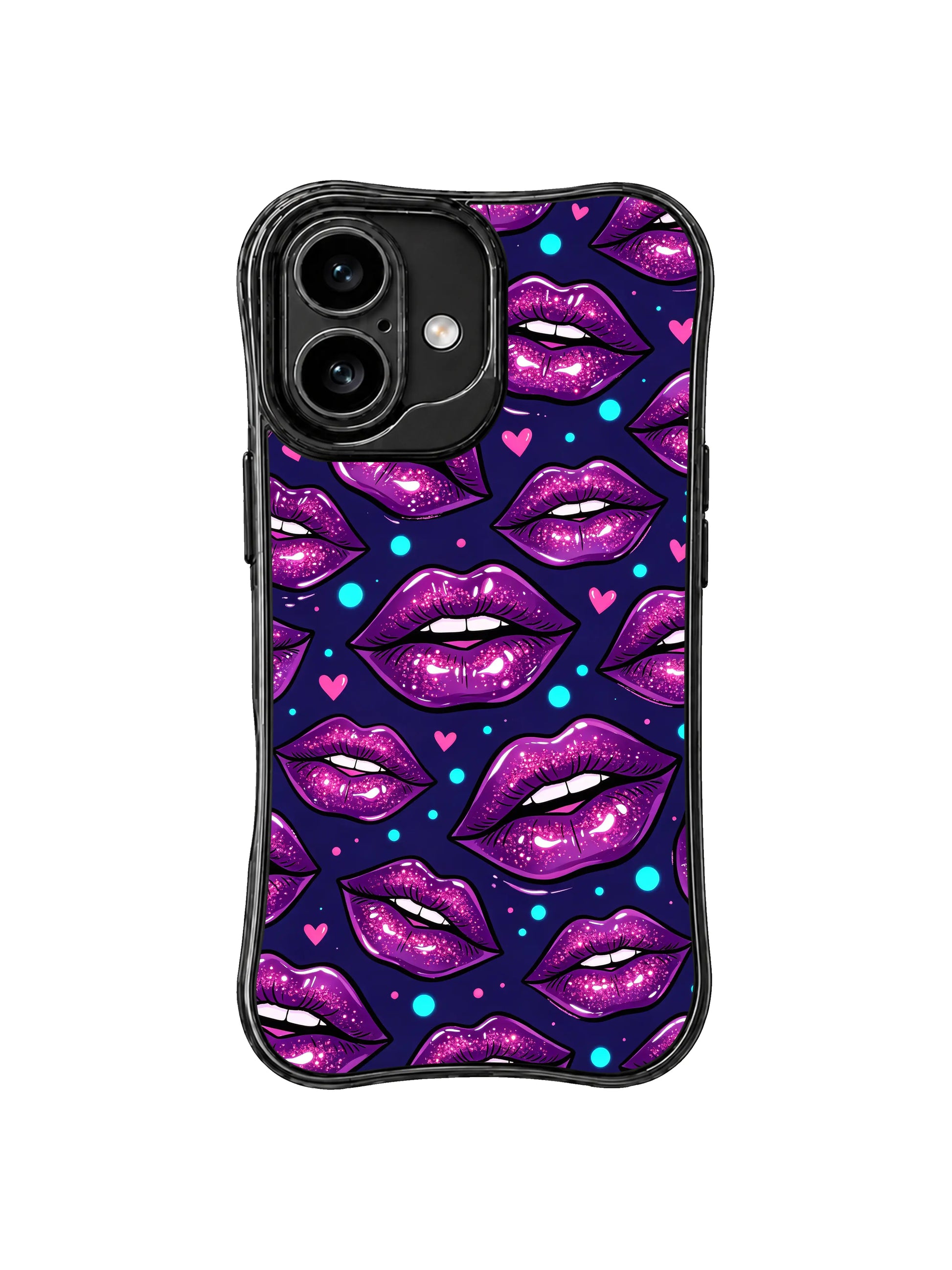 PhoneCasing iPhone 16 case featuring violet lips, heart icons, and blue dot accents, a refined iPhone16 casing for playful glam styling.