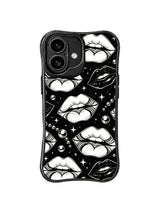 PhoneCasing iPhone 16 case with white lips, star pattern details, chrome-like beads, and an elegant monochrome iPhone 16 casing design.