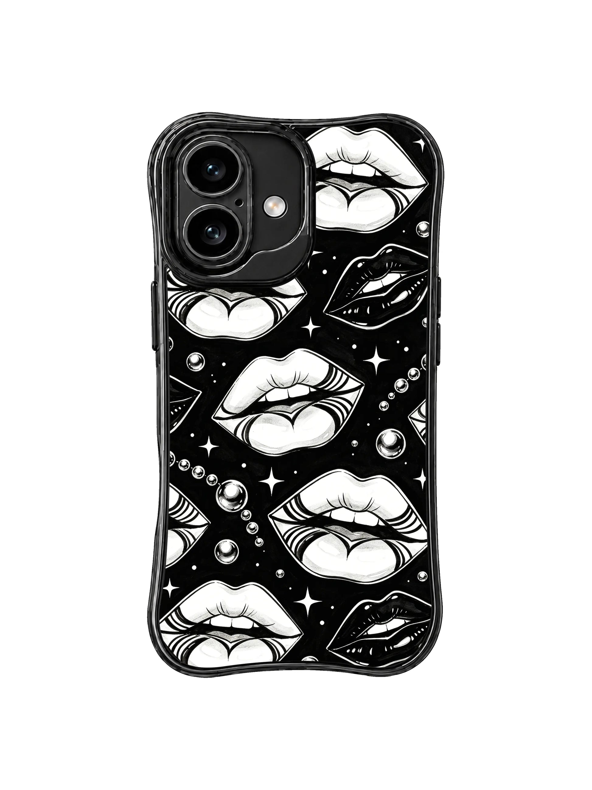 PhoneCasing iPhone 16 case with white lips, star pattern details, chrome-like beads, and an elegant monochrome iPhone 16 casing design.
