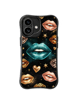 PhoneCasing iPhone 16 case with wild gloss artwork, teal lips, leopard print, and gold stars for shoppers comparing iPhone 16 Pro case styles.