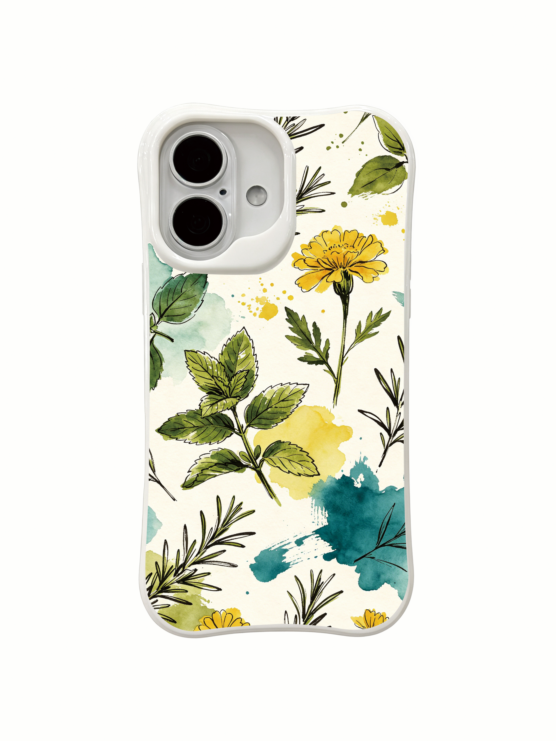 PhoneCasing iPhone 16 Case delicate wild mint and rosemary pattern, bright UV sunlight south France themed art.
