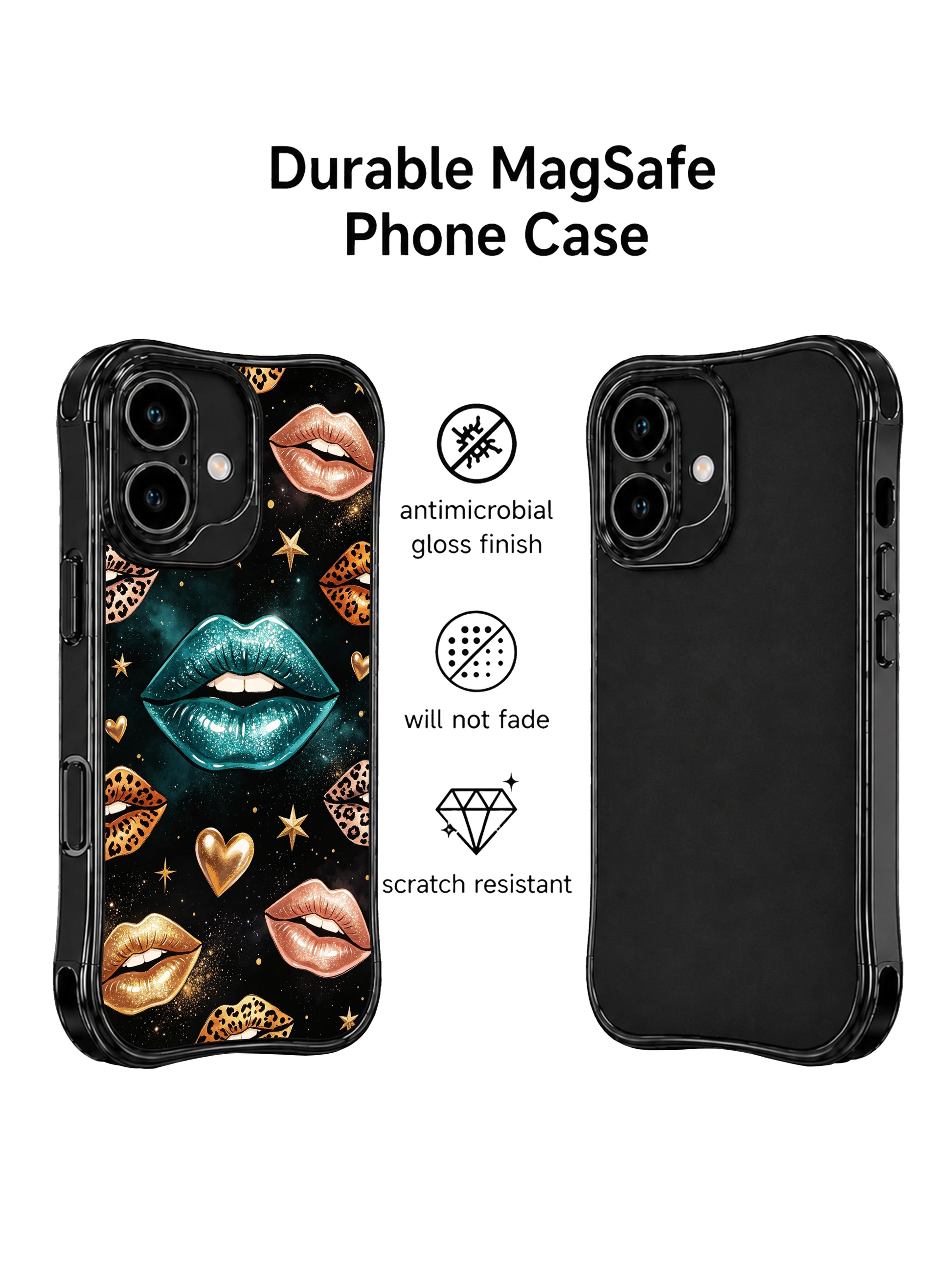 PhoneCasing iPhone 16 case with wild orbit lip art, teal shine, leopard spots, gold stars, and a bold look for iPhone 16 cases.