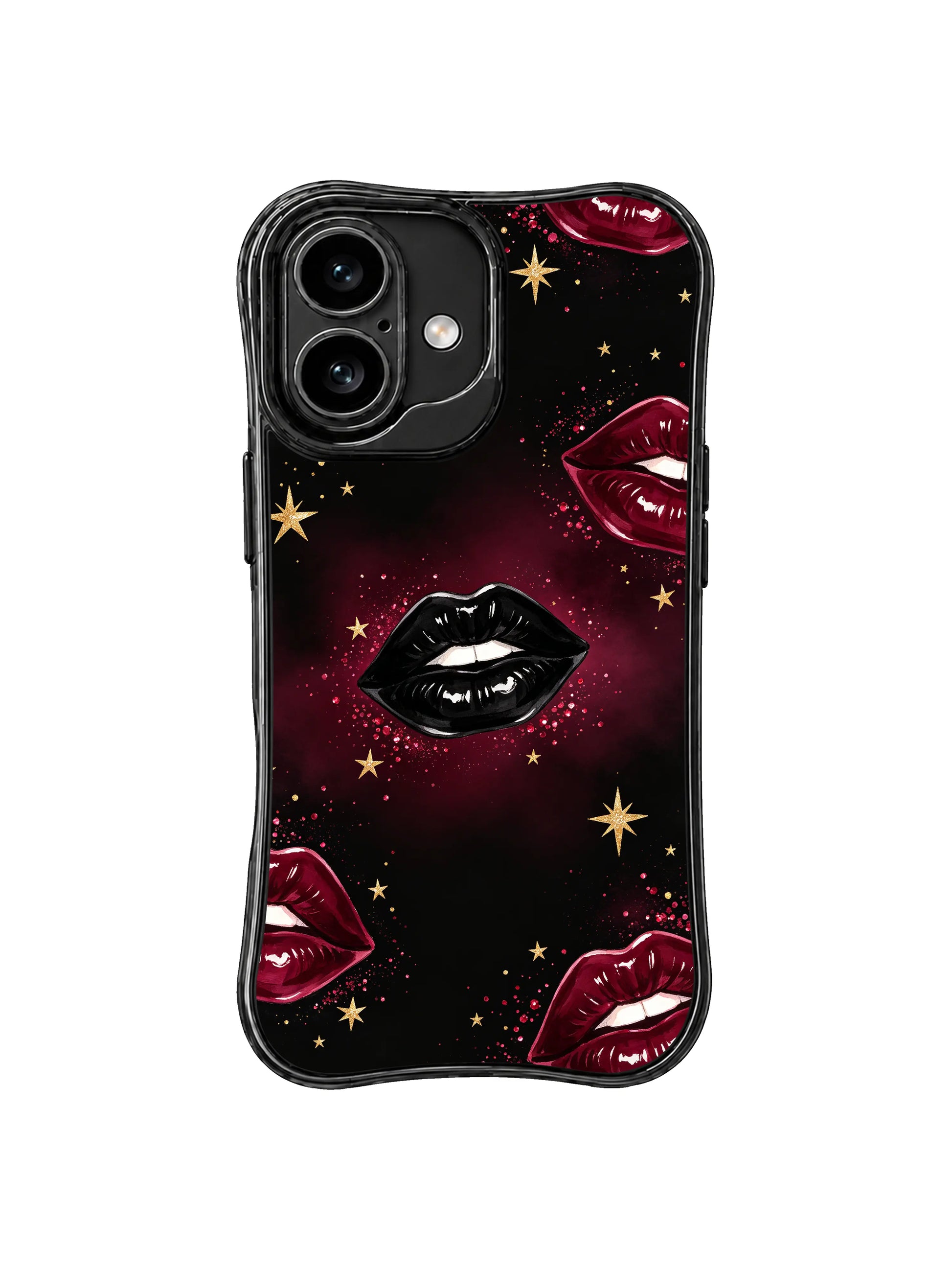 PhoneCasing iPhone 16 case with wine glitter cover artwork, moody red lips, black lips, and gold star highlights for iPhone 16 cases.