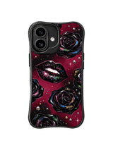 PhoneCasing iPhone 16 case with wine-red background, black glossy lips, rose shadows, and glitter accents for shoppers comparing iPhone 16 cases.