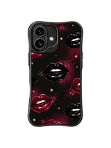 PhoneCasing iPhone 16 case featuring a wine red starfield, glossy burgundy lips, black lips, and gold celestial details.