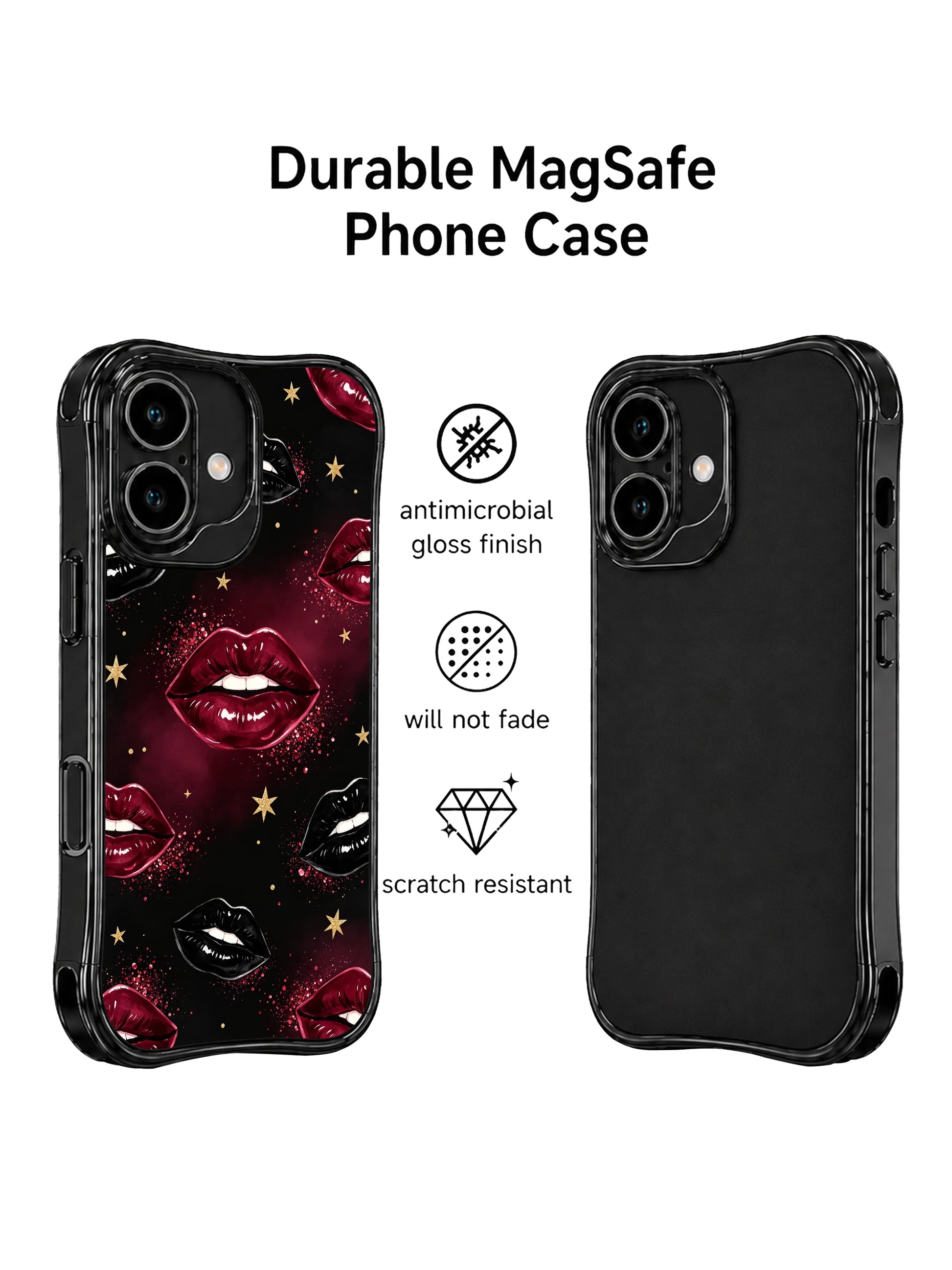 PhoneCasing iPhone 16 case with dark wine lips, black lip accents, red glitter mist, and a refined look for iPhone 16 cases.