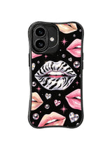 PhoneCasing iPhone 16 case with zebra kiss black glam artwork, silver-white lips, pink lips, and sparkling crystal heart accents.