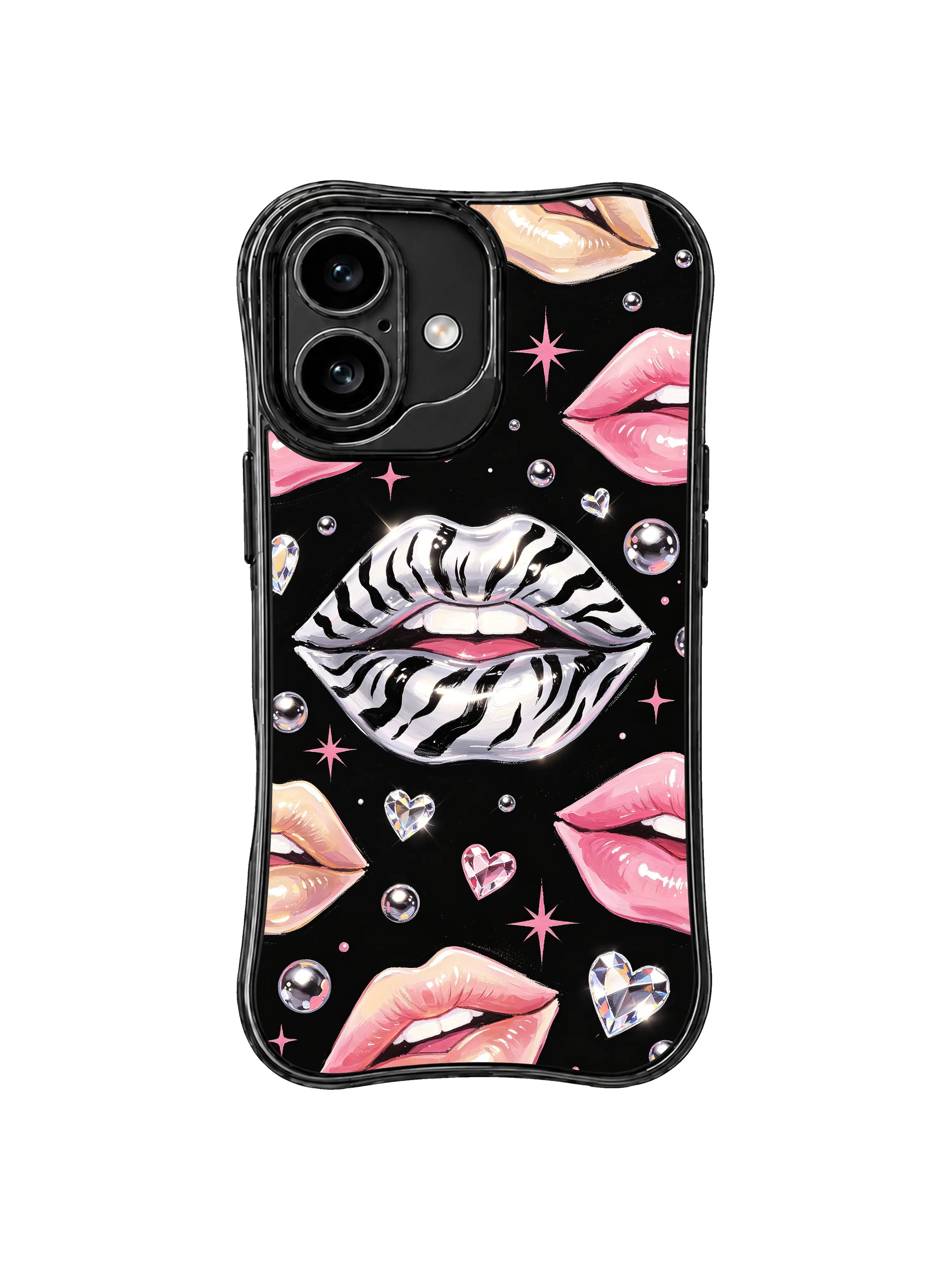 PhoneCasing iPhone 16 case with zebra kiss black glam artwork, silver-white lips, pink lips, and sparkling crystal heart accents.