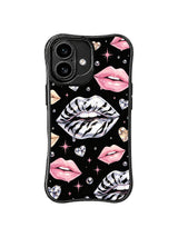 PhoneCasing iPhone 16 case with zebra lip party pattern, pink lips, crystal bubbles, and elegant spotlight-inspired glamour.