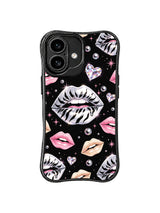 PhoneCasing iPhone 16 case featuring Zebra Silver Kiss Party artwork with silver zebra lips, pink lips, crystal hearts, bubbles, and black night glam style.