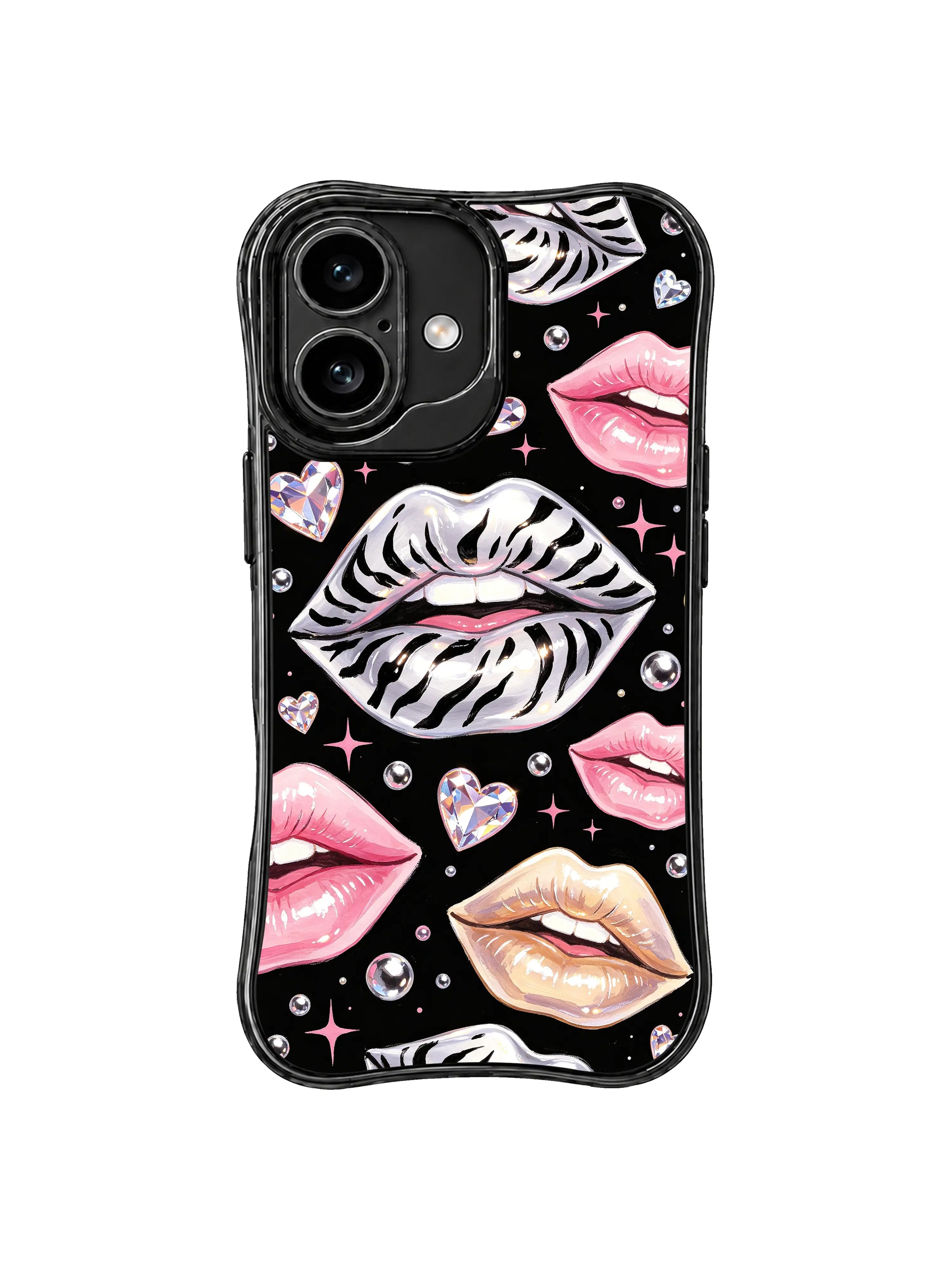 PhoneCasing iPhone 16 case designed as an artful iPhone 16 cover with silver zebra lips, pink hearts, and sparkling black party style.