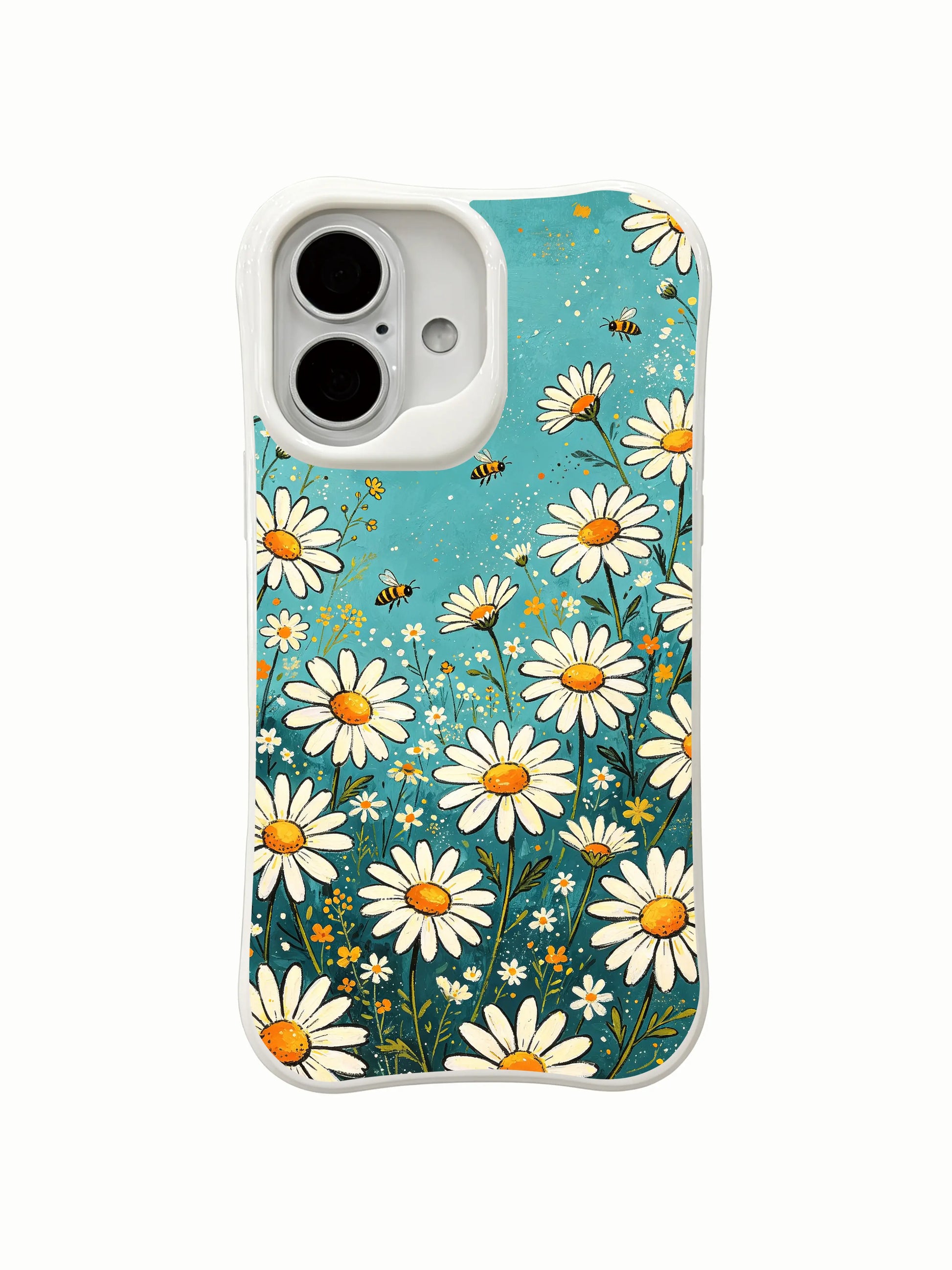 Aesthetic daisy art print on this PhoneCasing iPhone 16 Plus Case, soft dreamy blue garden style.