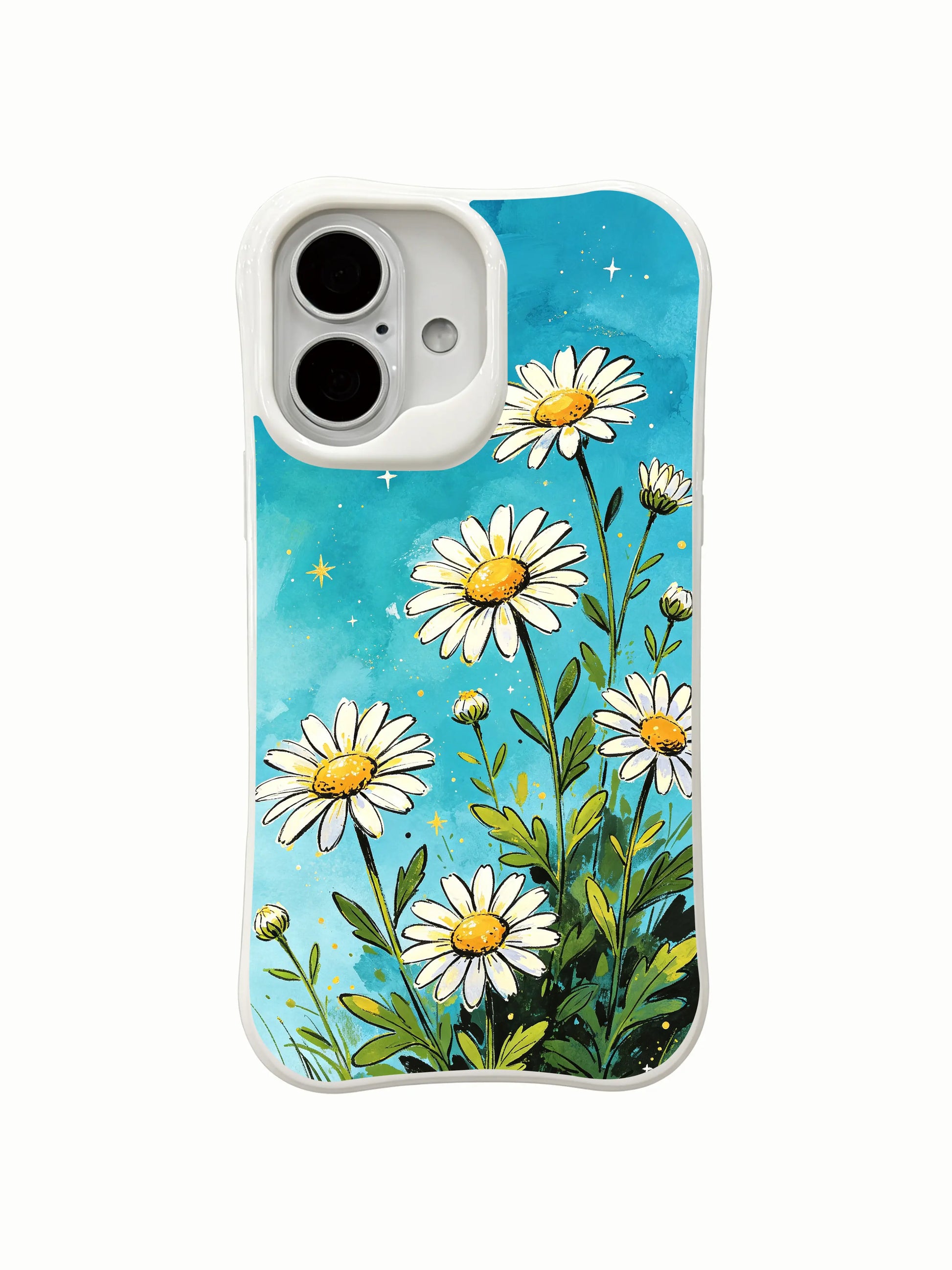 Aesthetic whimsical daisy design on this PhoneCasing iPhone 16 Plus Case, soft blue sky and star details for everyday magic.