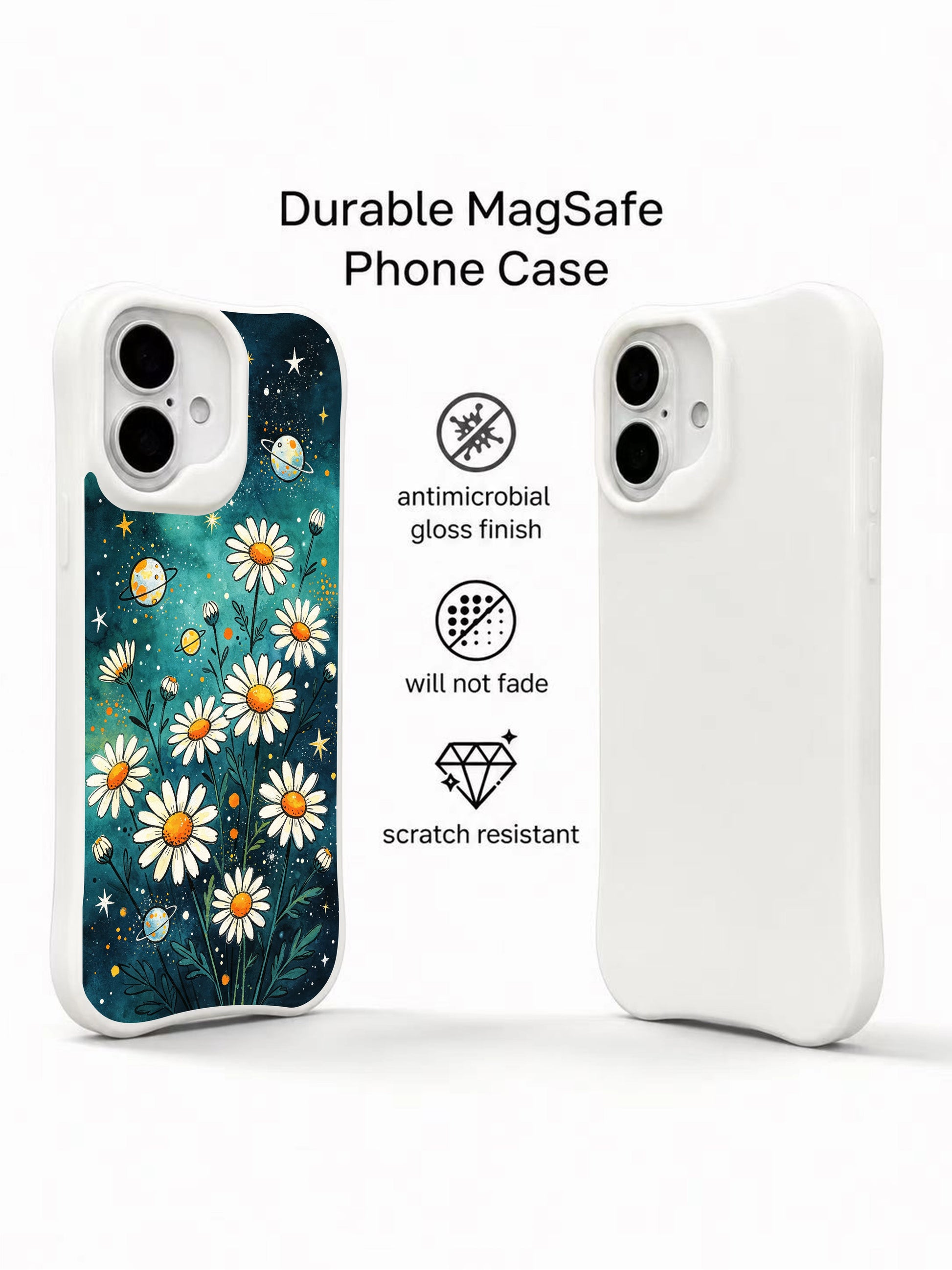 Whimsical Bee and Daisy Planet art by Mira Bloomwell on this PhoneCasing iPhone 16 Plus Case, perfect for lovers of enchanted nature designs.