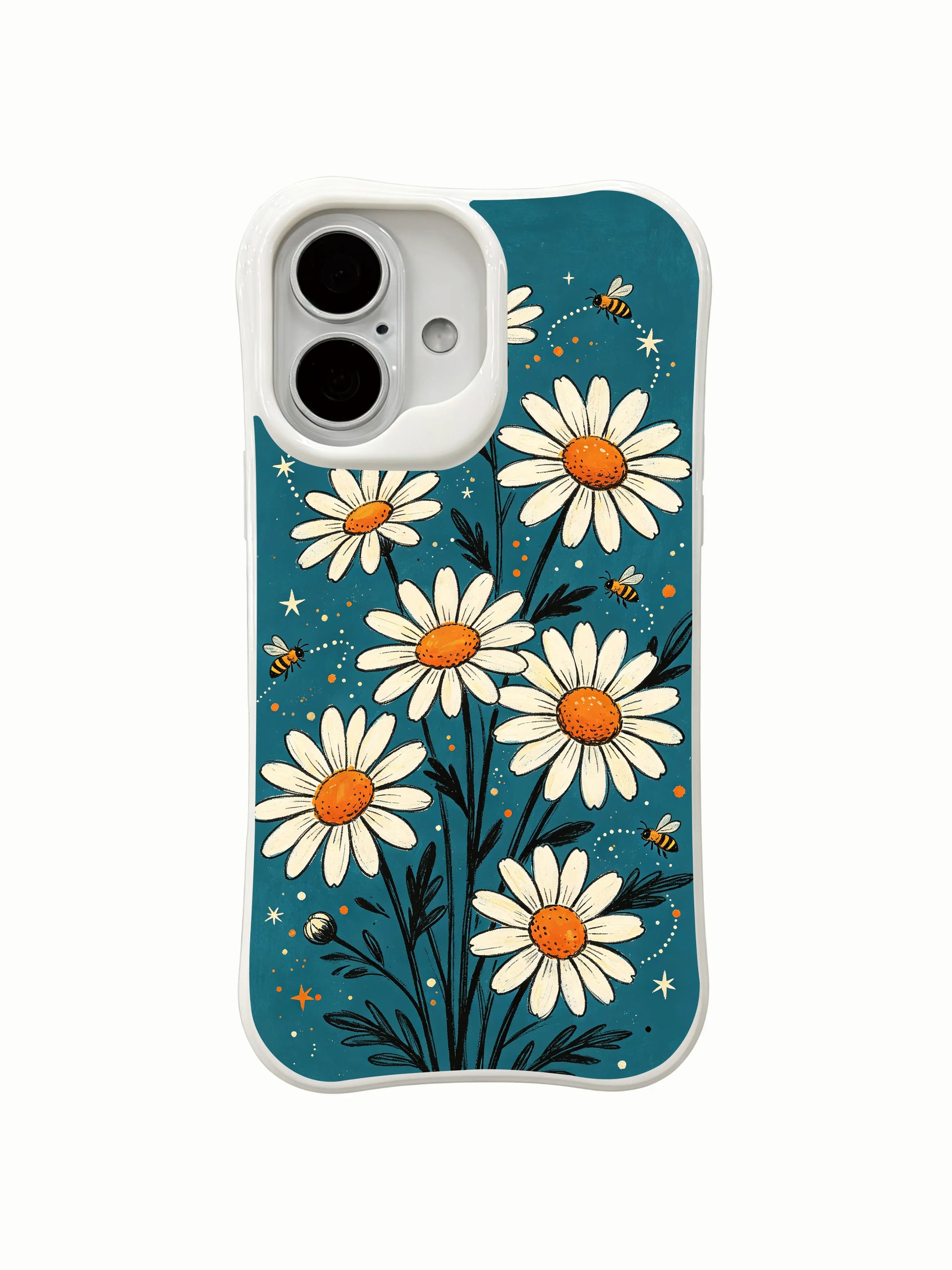 Bee and Stars Daisies art by Mira Bloomwell on this PhoneCasing iPhone 16 Plus Case, with antimicrobial gloss finish.