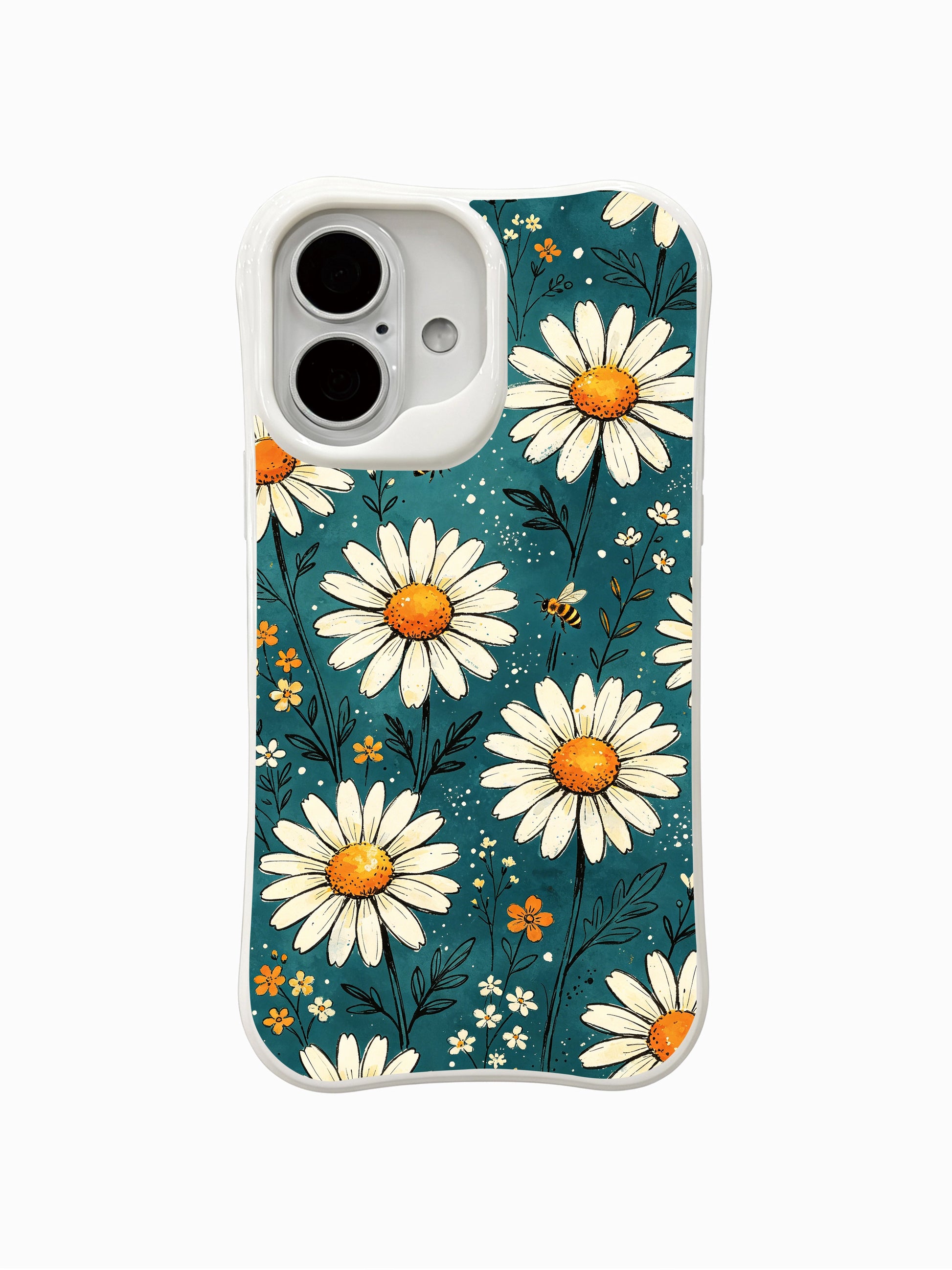 Mira Bloomwell’s Bee Garden Daisies design on this PhoneCasing iPhone 16 Plus Case, featuring bees and daisies in a vibrant teal meadow.