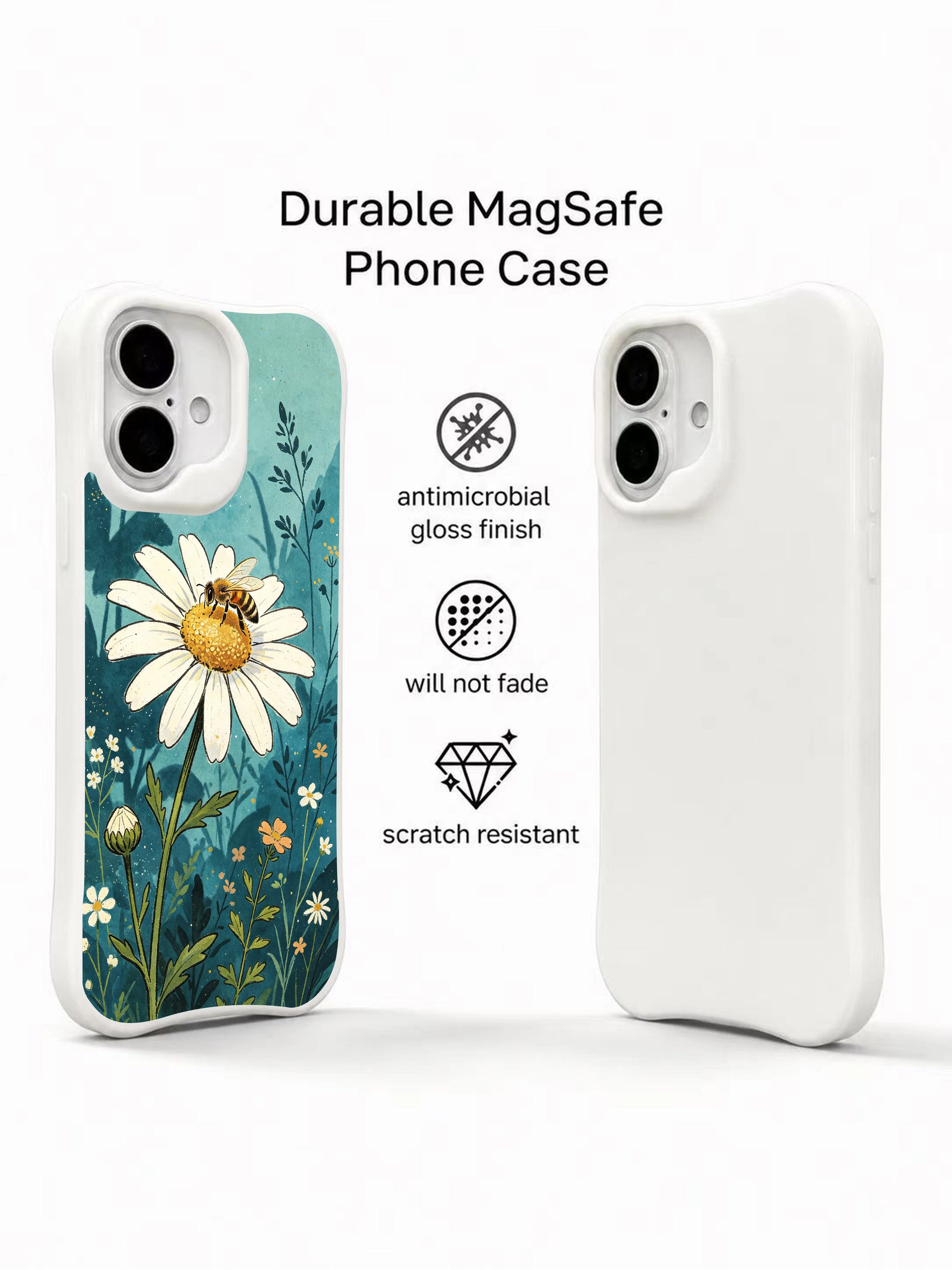 Whimsical bee on daisy fine art print on this PhoneCasing iPhone 16 Plus Case, crafted in our California workshop.