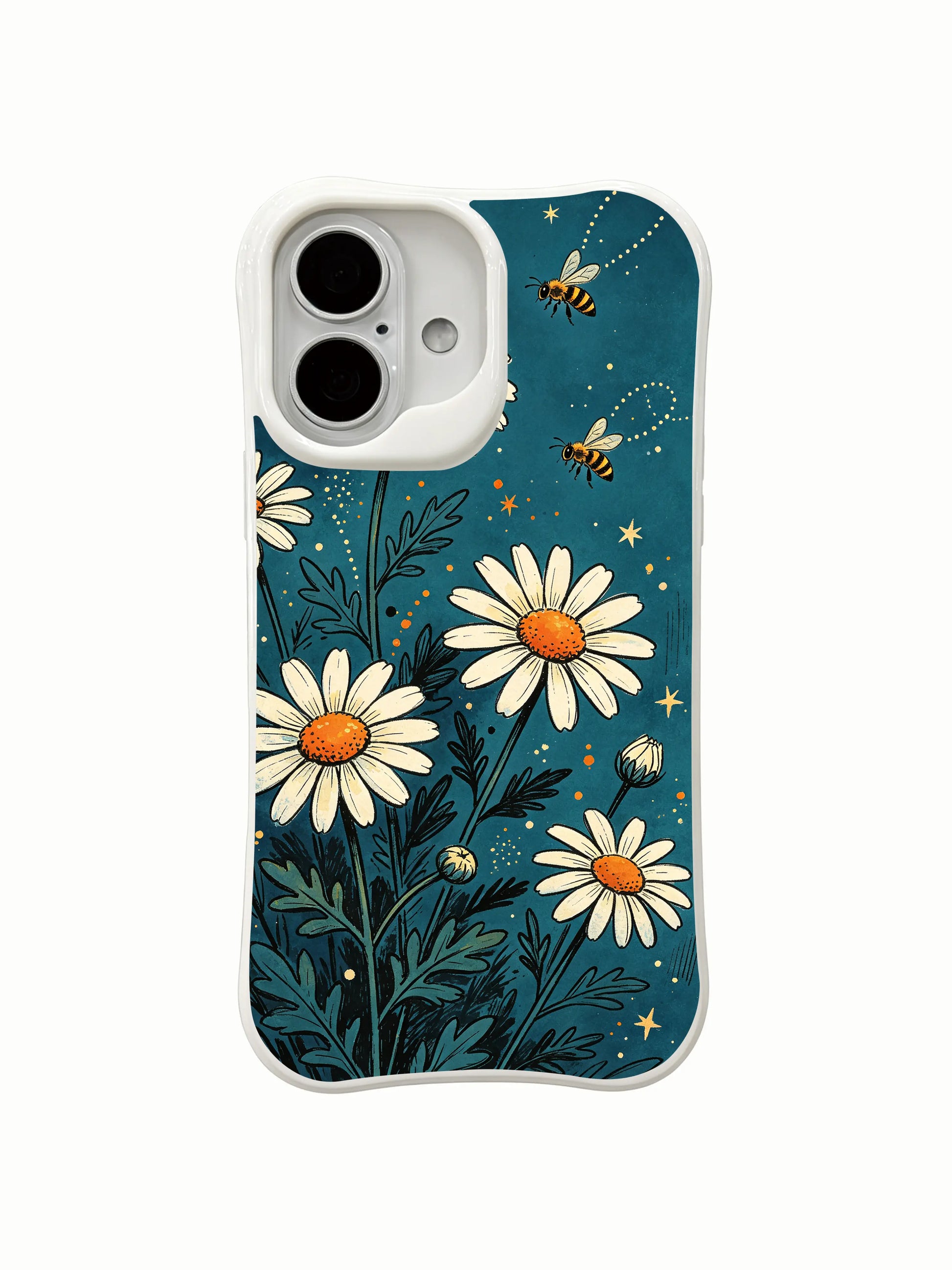 Whimsical Bee Path Daisies illustration on this PhoneCasing iPhone 16 Plus Case, a unique design by Mira Bloomwell.