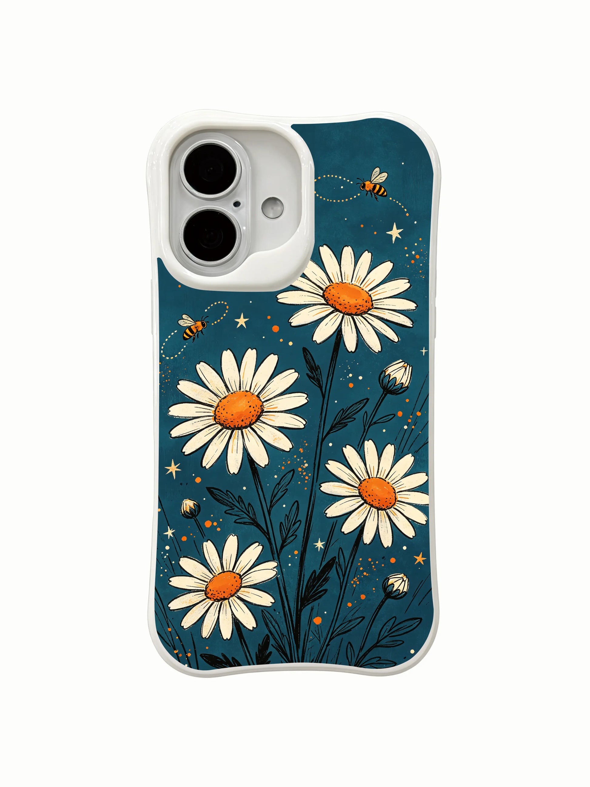 Bee Trail Daisies illustration on this PhoneCasing iPhone 16 Plus Case, crafted with durable anti-drop protection.
