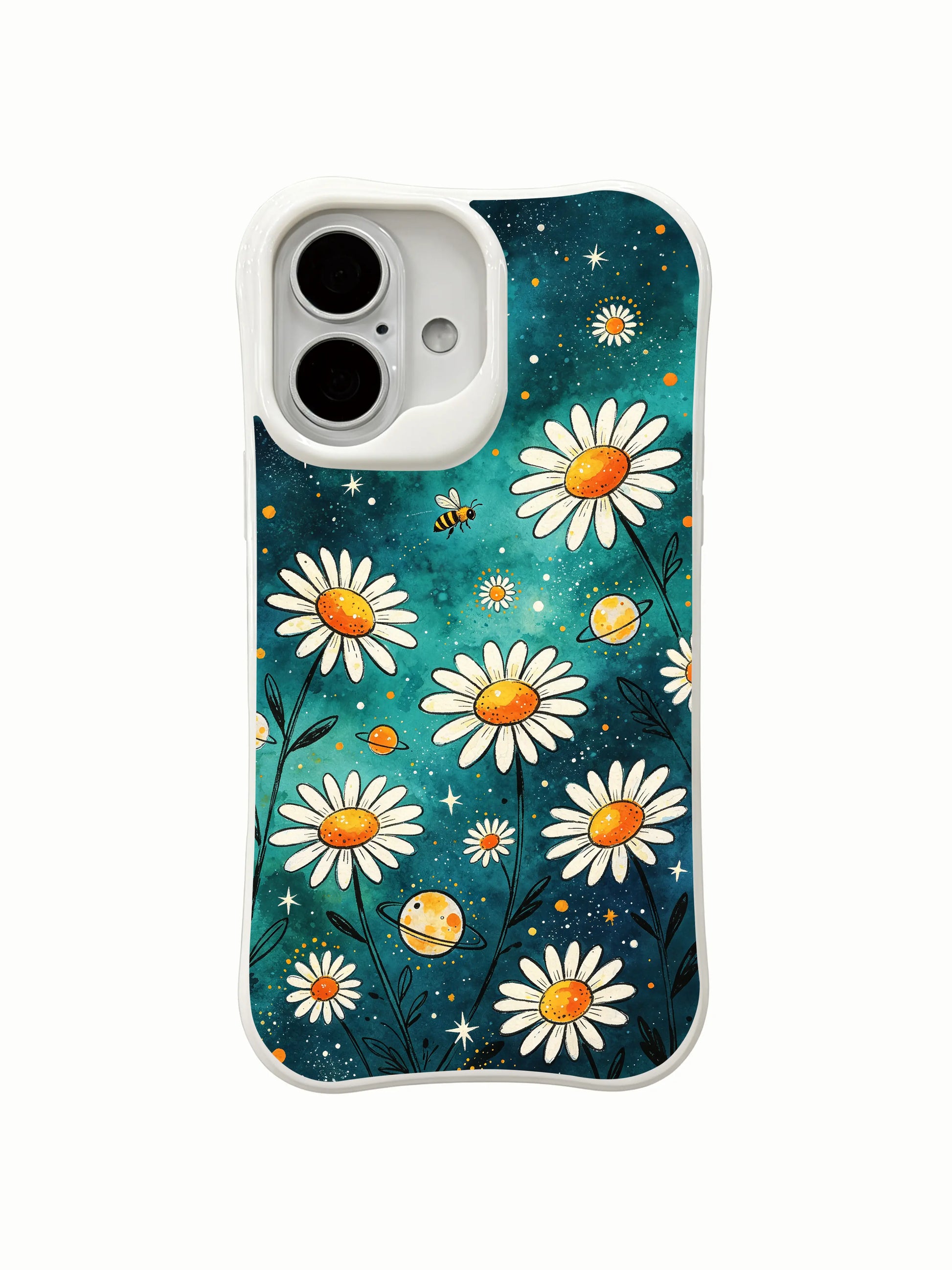 Whimsical Bee Trail Galaxy illustration on this PhoneCasing iPhone 16 Plus Case, a unique design by Mira Bloomwell.