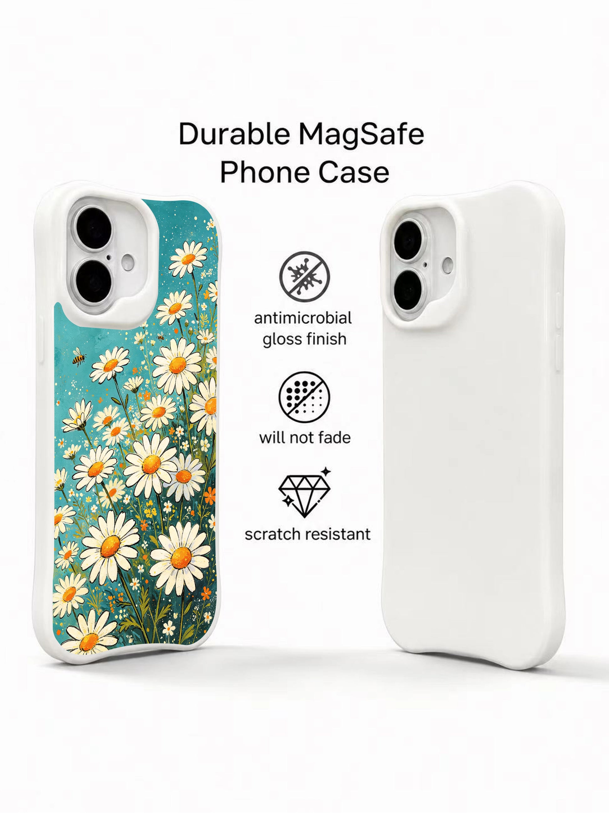 Blue garden fine art print on this PhoneCasing iPhone 16 Plus Case, featuring dreamy daisies and gentle honey bees.
