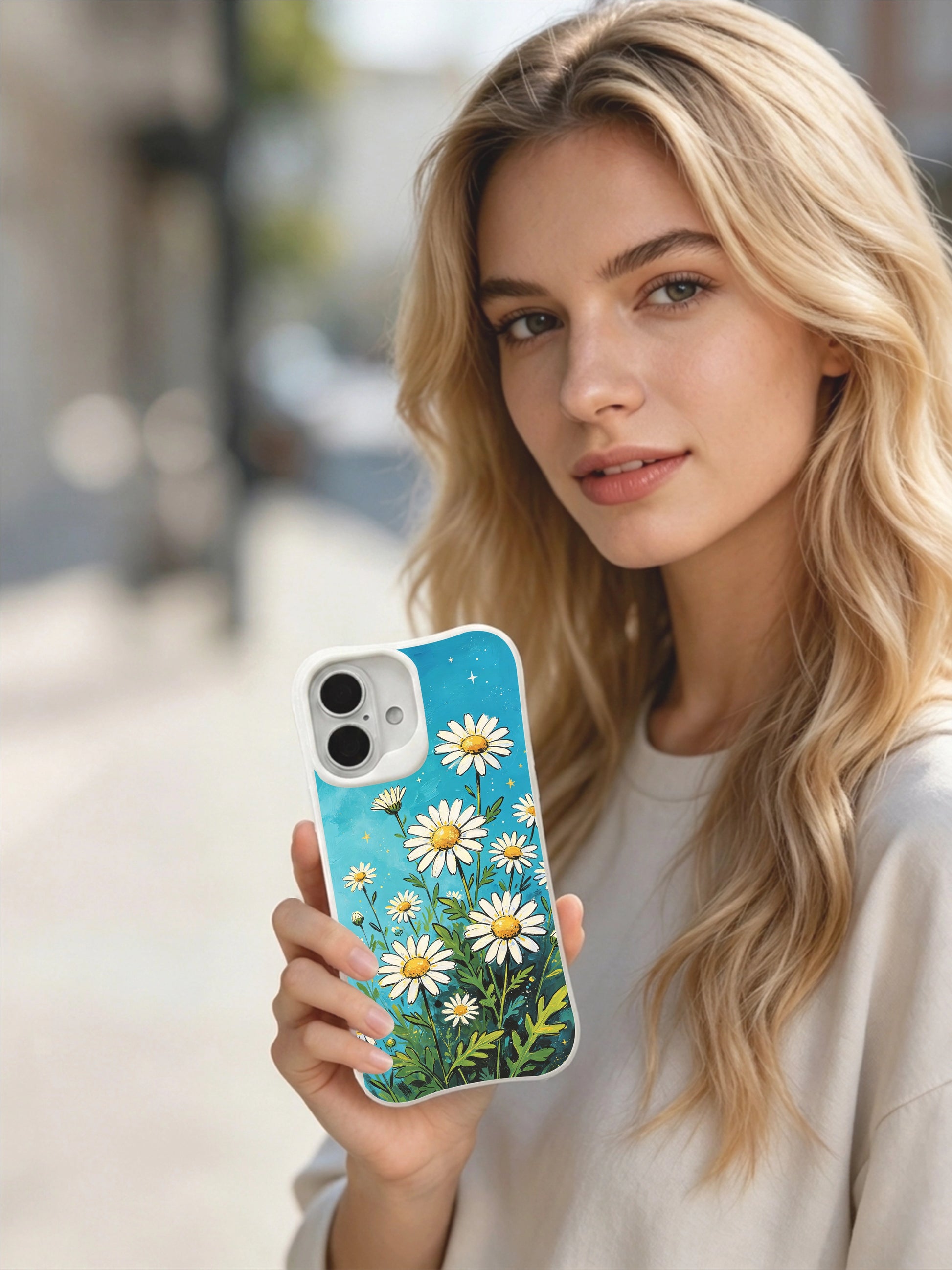 California crafted night garden art on this PhoneCasing iPhone 16 Plus Case, premium daisy and starry sky design.