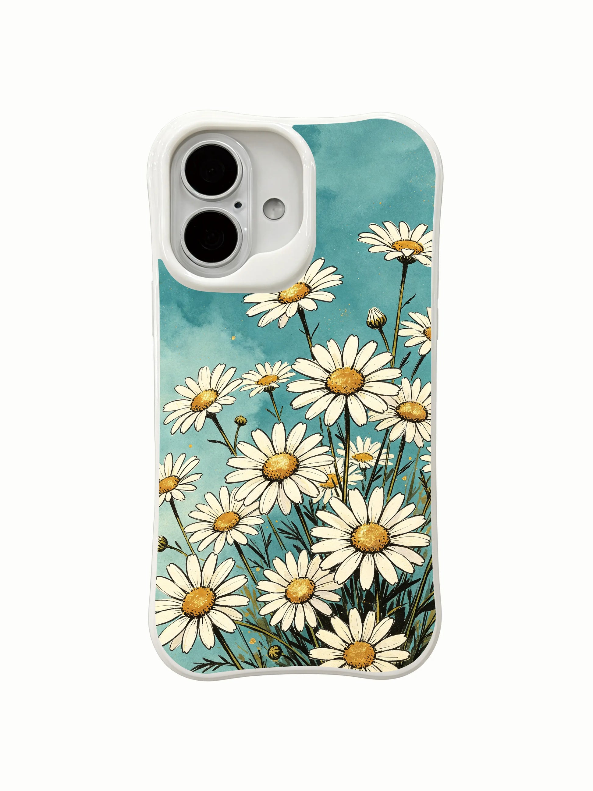 Carefree Blooming Daisies wearable art on this PhoneCasing iPhone 16 Plus Case, blending floral beauty with untamed nature vibes.