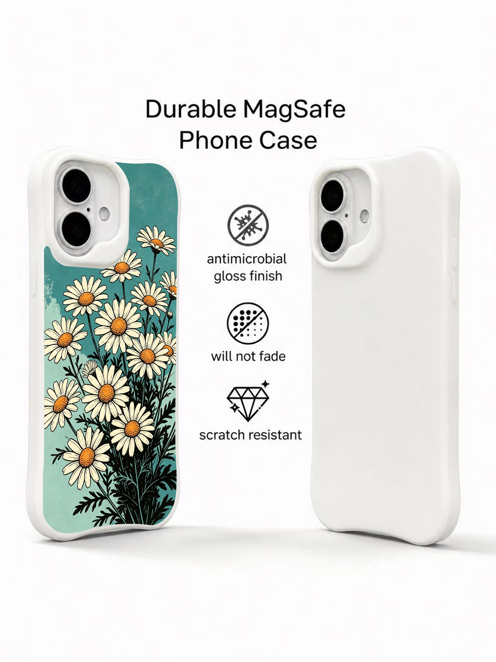 Cosmic Daisy art by Mira Bloomwell on this PhoneCasing iPhone 16 Plus Case, a serene floral wearable art piece.