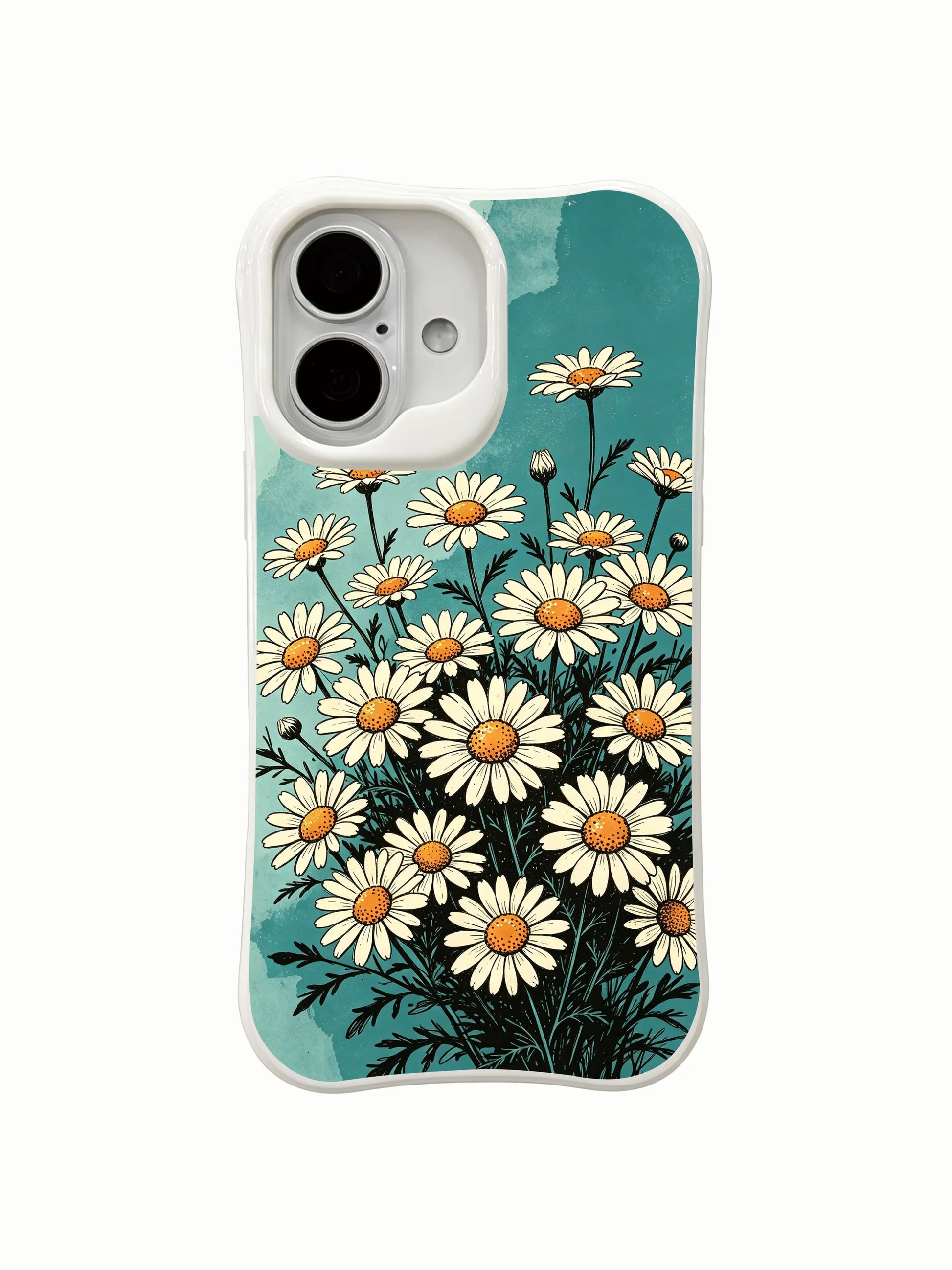 Cosmic Meadow wearable art on this PhoneCasing iPhone 16 Plus Case, blending daisy beauty with quiet, ordered vibes.