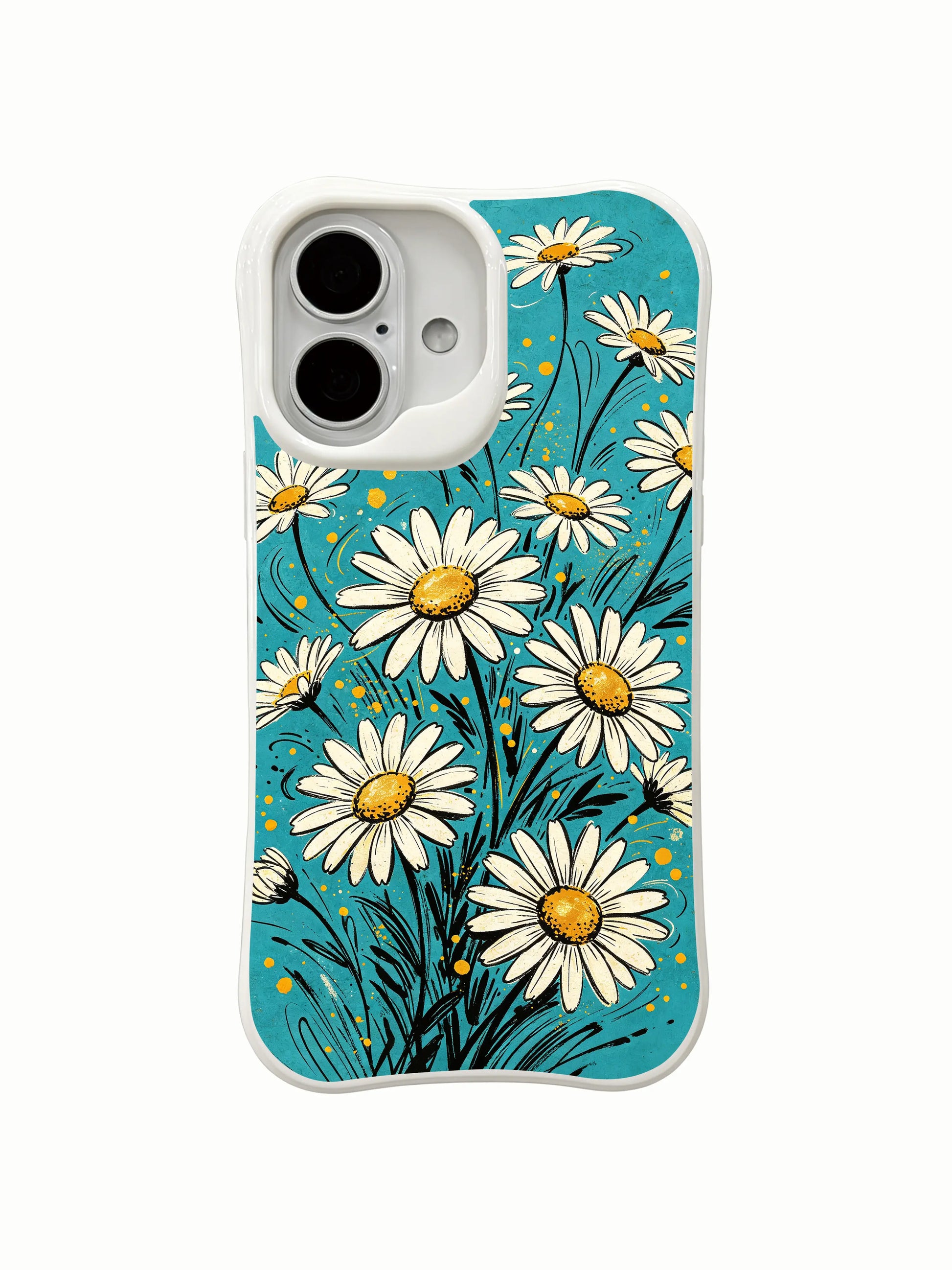 Cottagecore style dancing blooms on this PhoneCasing iPhone 16 Plus Case, whimsical art from Mira Bloomwell.