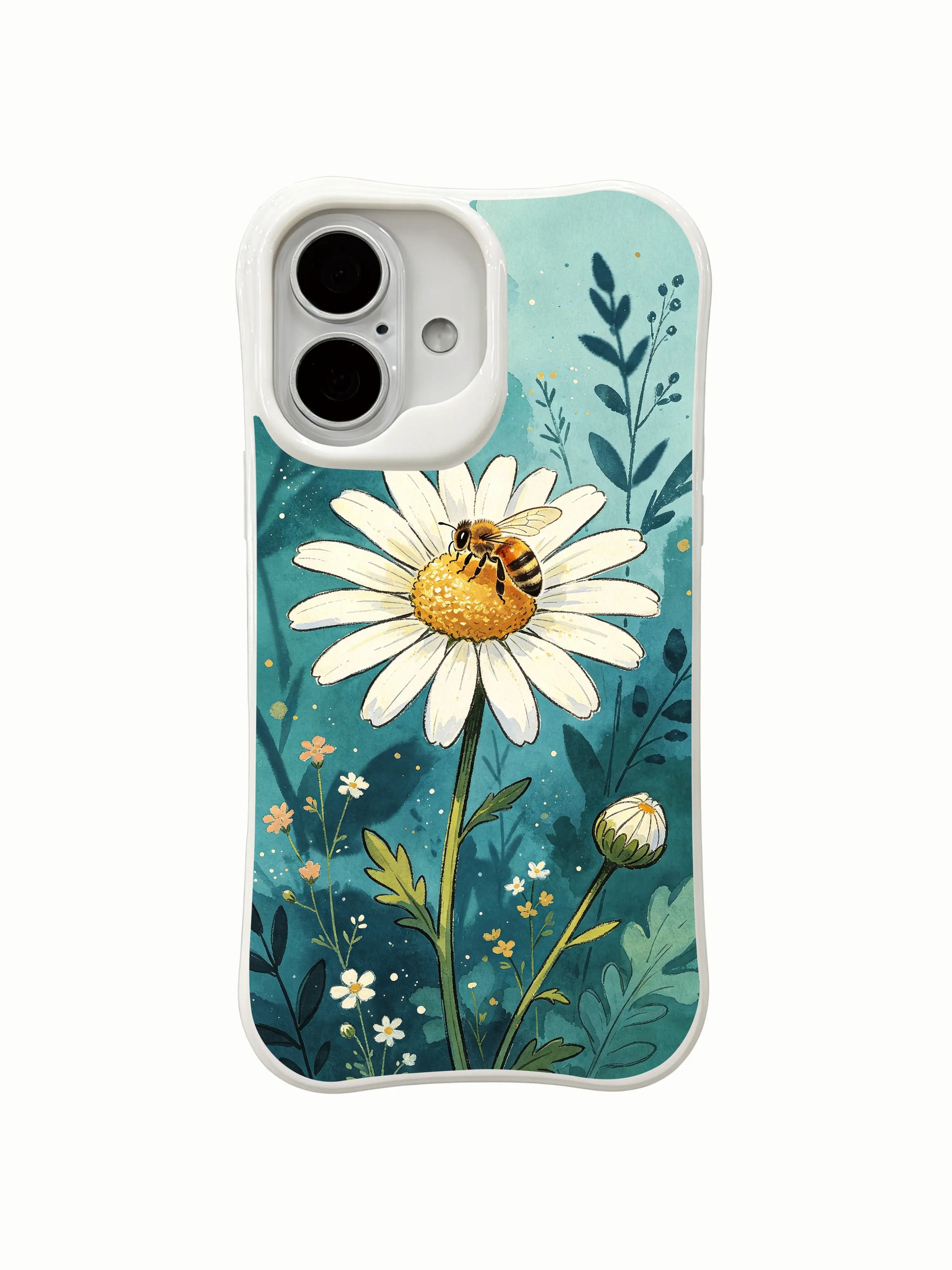 Beautiful daisy bloom in a hidden garden on this PhoneCasing iPhone 16 Plus Case, dreamy teal background design.