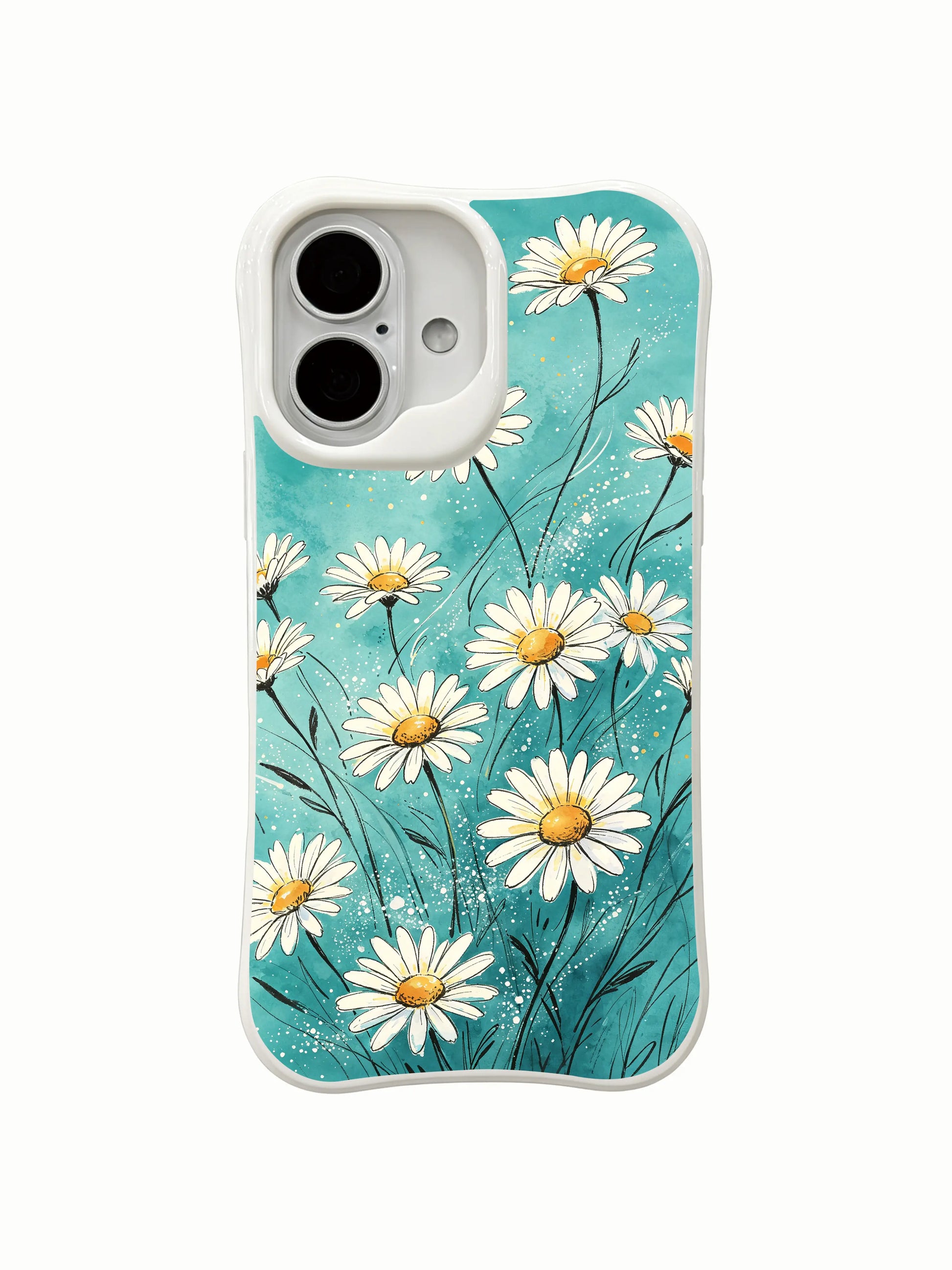 Dreamy coastal floral art on this PhoneCasing iPhone 16 Plus Case, where soft teal skies meet bright, breezy daisies.