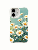 Dreamy Teal Garden wearable art on this PhoneCasing iPhone 16 Plus Case, featuring blooming daisies and a calm blue sky.