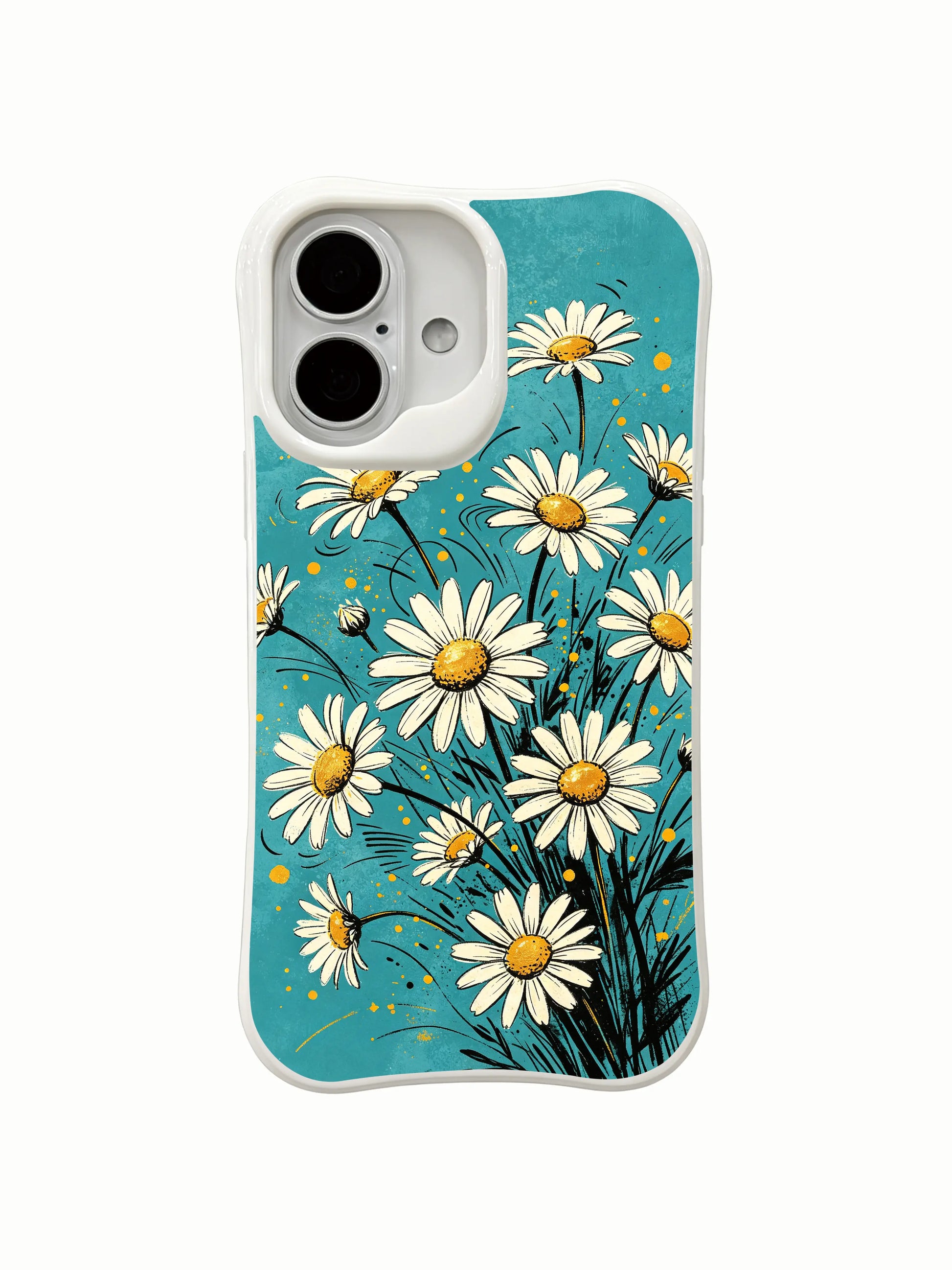 Dynamic floral illustration on this PhoneCasing iPhone 16 Plus Case, dancing daisies against soft teal backdrop.