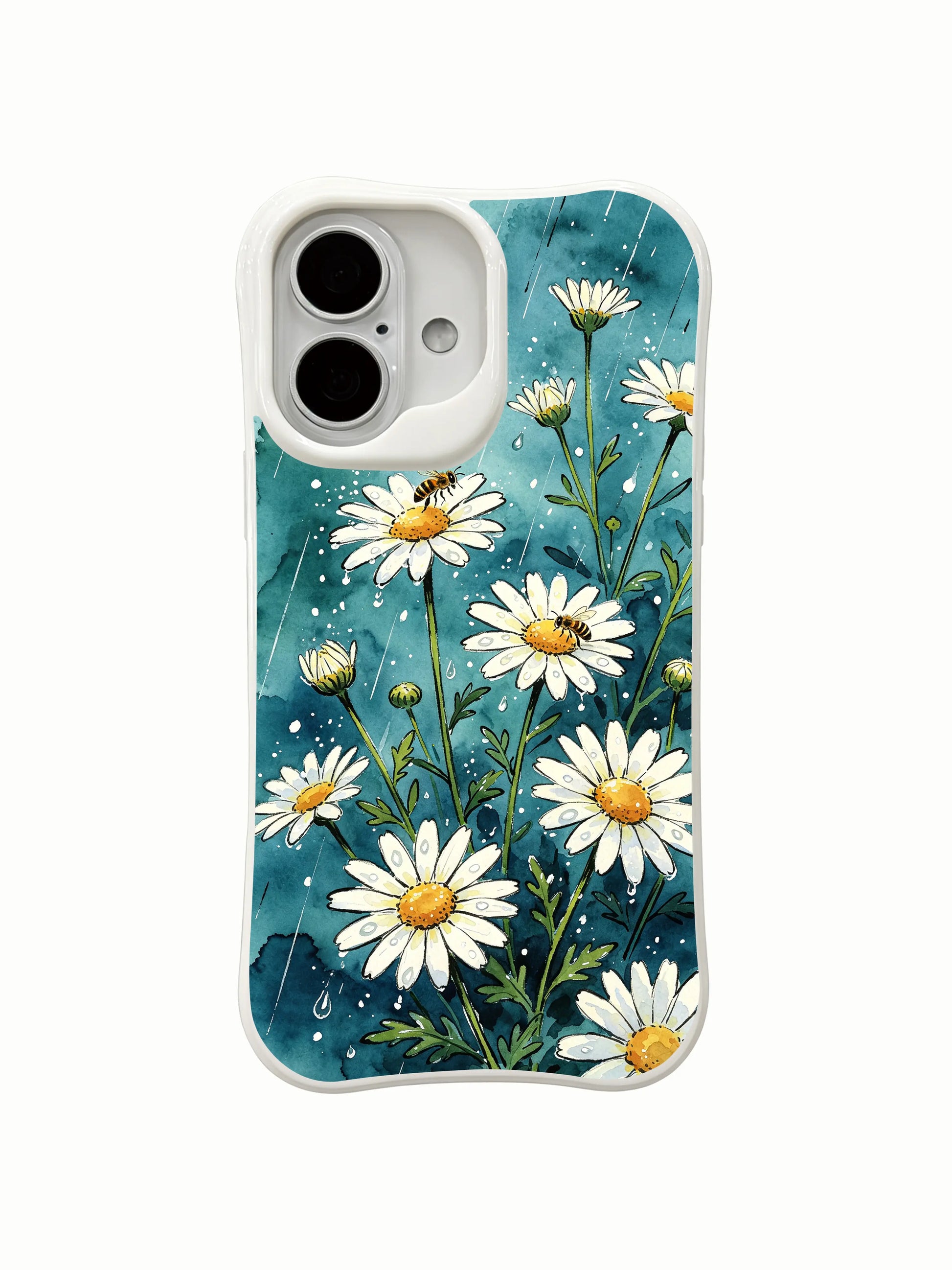 Enchanted Blue Floral wearable art on this PhoneCasing iPhone 16 Plus Case, inspired by post-rain summer meadows.
