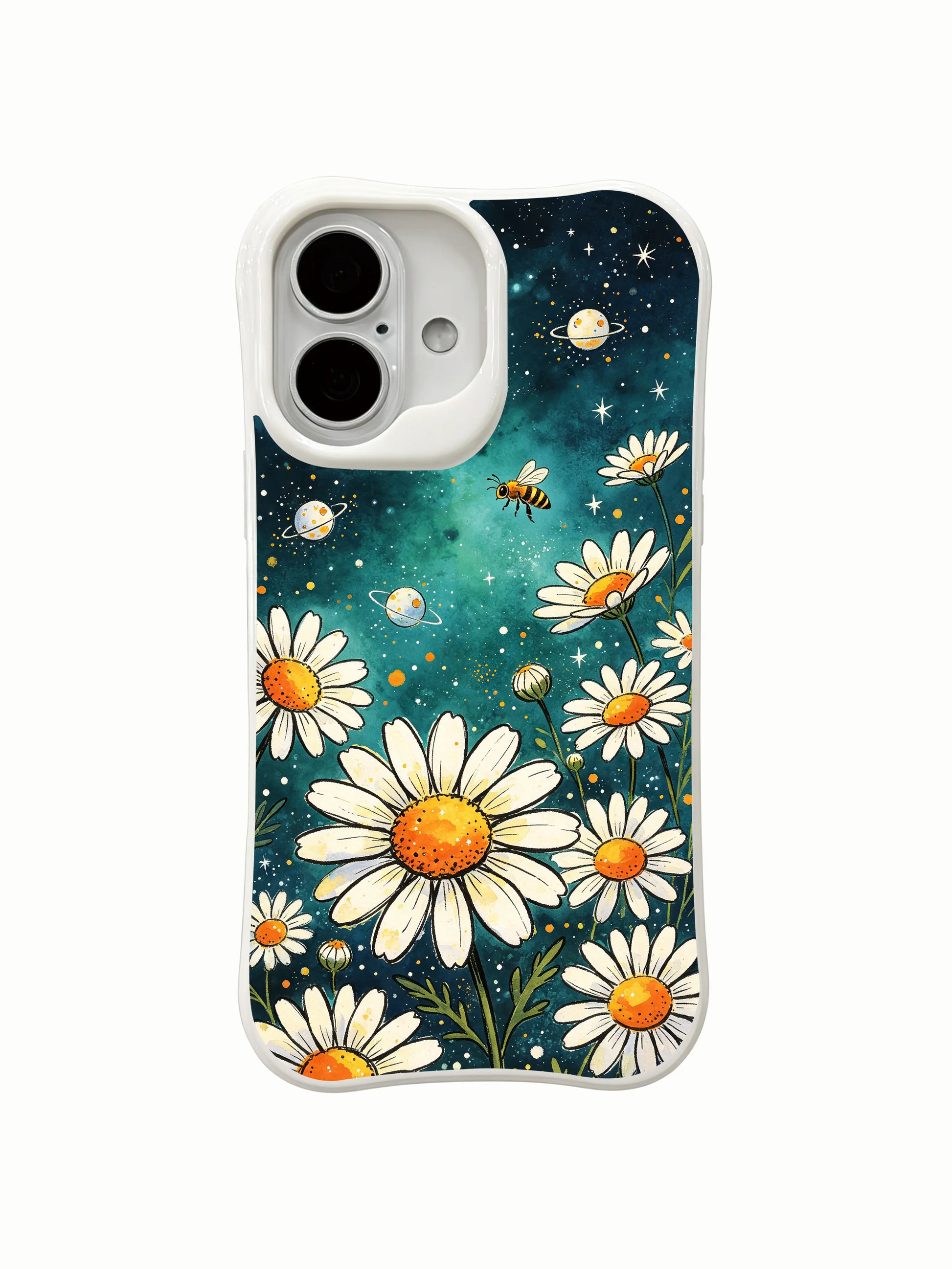 Enchanted Daisy Space wearable art on this PhoneCasing iPhone 16 Plus Case, inspired by starry summer meadows.