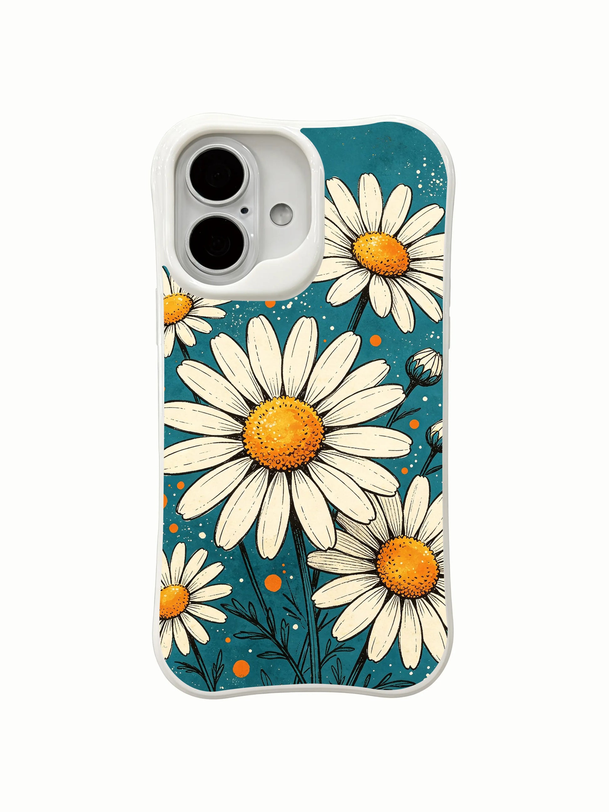 Enchanted Daisy Sunshine wearable art on this PhoneCasing iPhone 16 Plus Case, inspired by sunlit summer meadows.