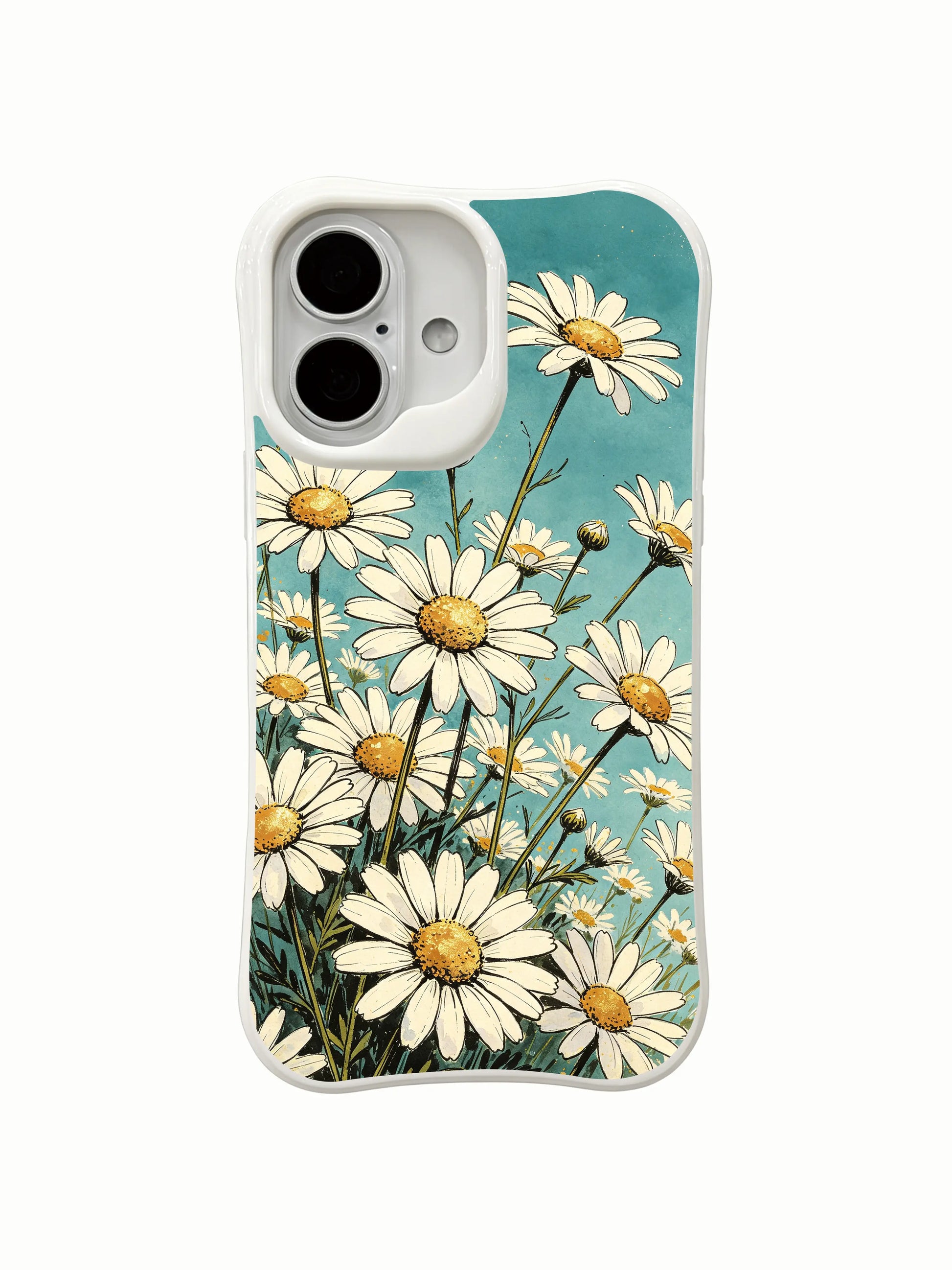 Enchanted Freeform Daisies wearable art on this PhoneCasing iPhone 16 Plus Case, inspired by untamed summer meadows.