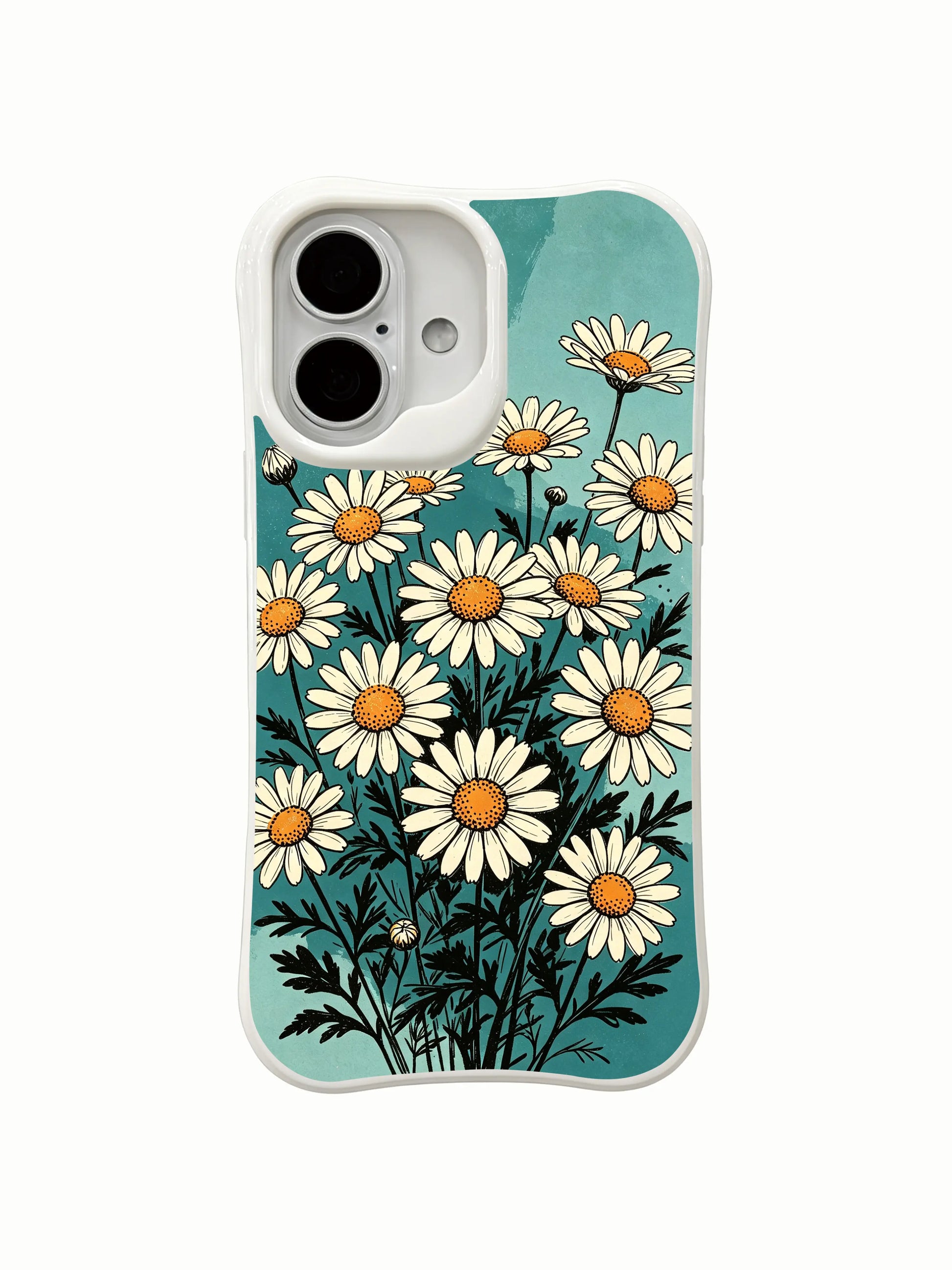 Enchanted Teal Cosmos wearable art on this PhoneCasing iPhone 16 Plus Case, inspired by the quiet magic of ordered daisy fields.