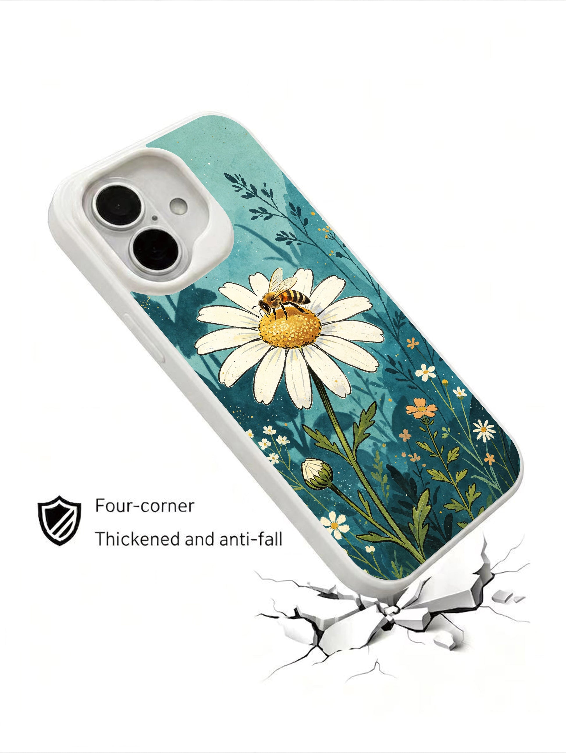 Charming garden guest artwork on this PhoneCasing iPhone 16 Plus Case, featuring a honeybee resting on a full bloom daisy.