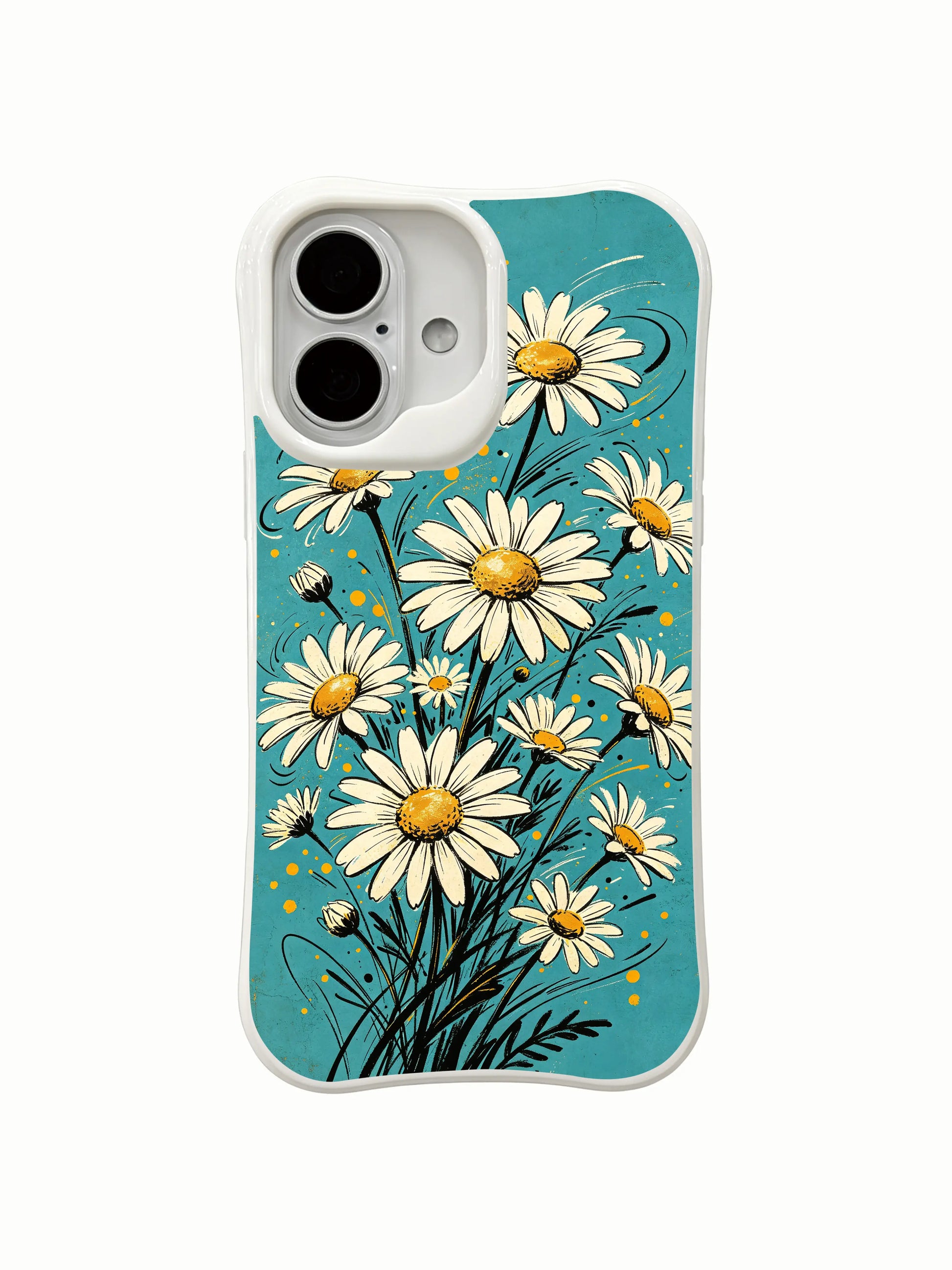 Floral art with golden musical sparks on this PhoneCasing iPhone 16 Plus Case, playful dancing daisy artwork.